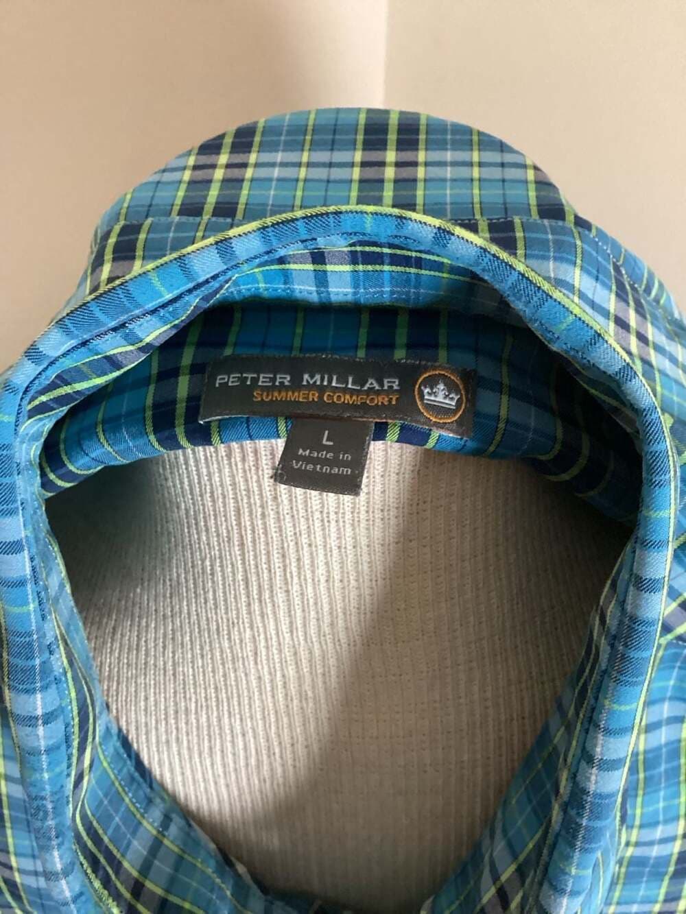 Peter Millar Summer Comfort Blue Green Plaid Long Sleeve Button Down Shirt Size
