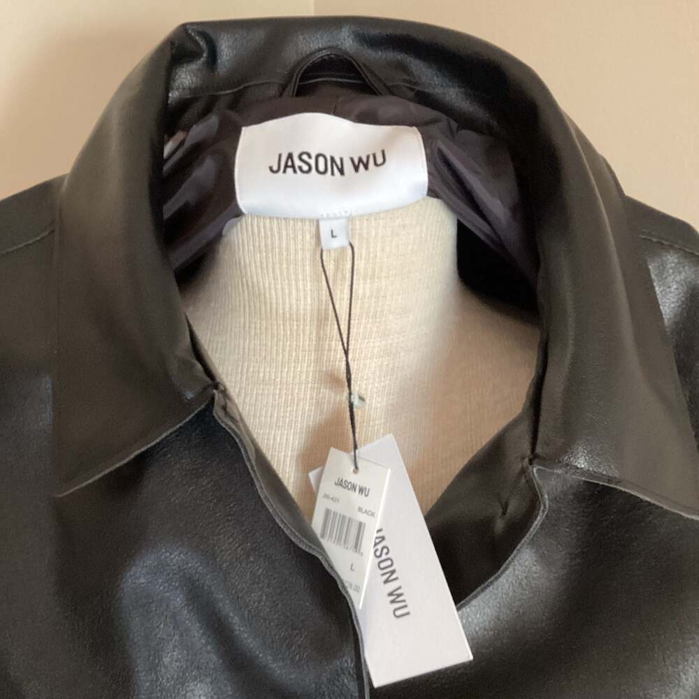 Jason Wu Black Faux Leather Button Front Jacket with Flap Pockets, Size L