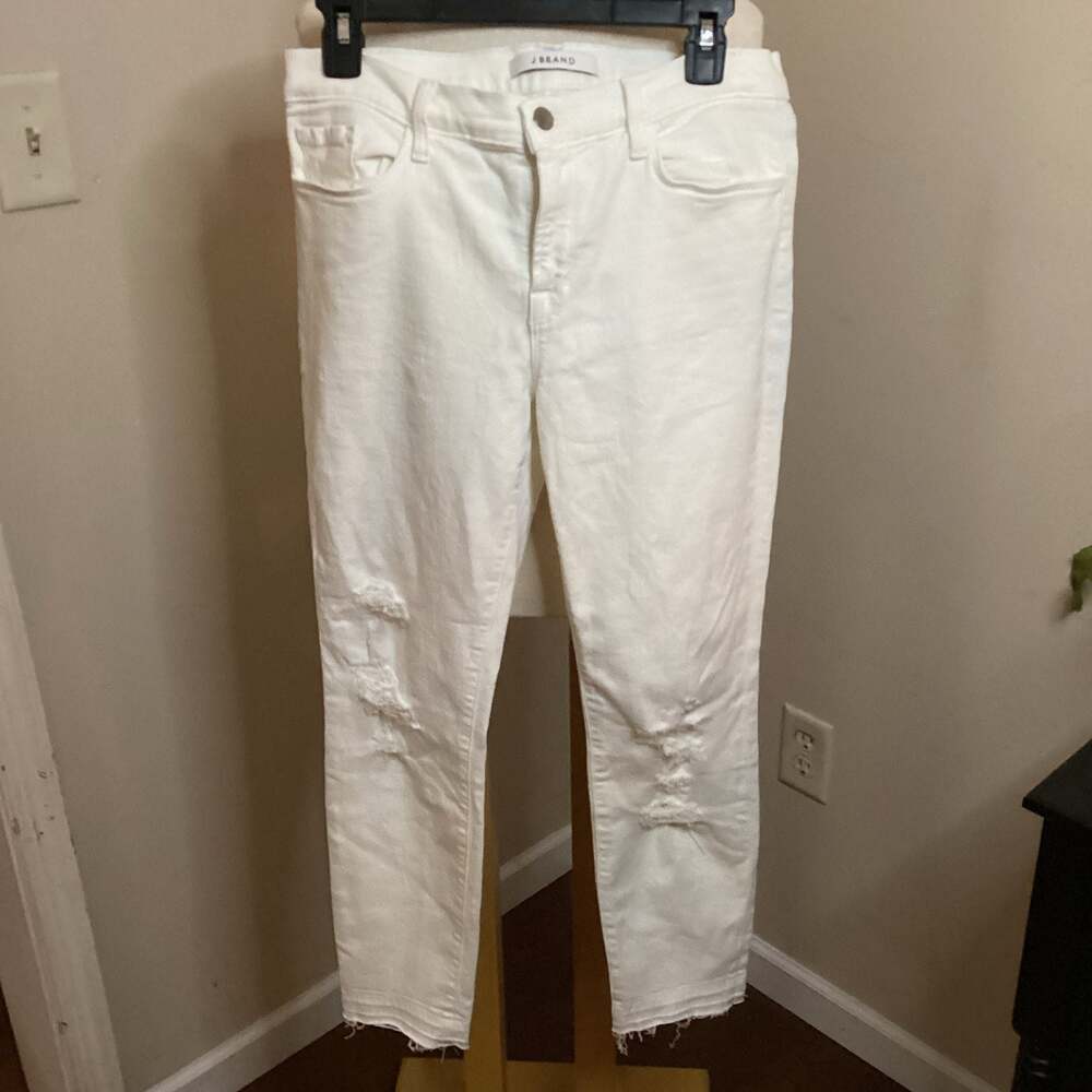 J BRAND White Distressed Cropped Jeans Raw Hem Size 31