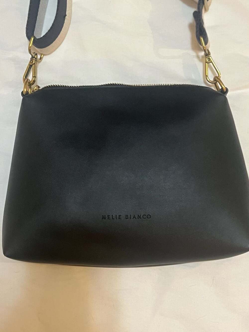 Melie Bianco Black Vegan Leather Crossbody Bag with Webbing Strap
