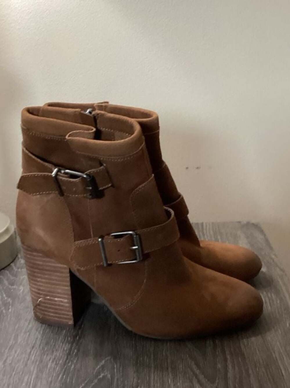 Vince Camuto Simlee Cognac Suede Double Buckle Ankle Boots