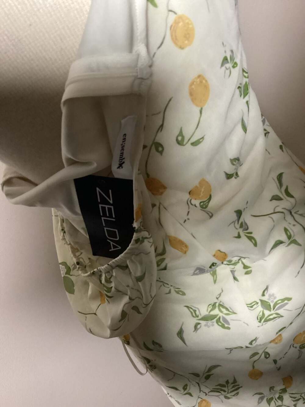 Zelda en;semble Lemon Print Ruched Cutout Mini Dress with Puff Sleeves, Size L