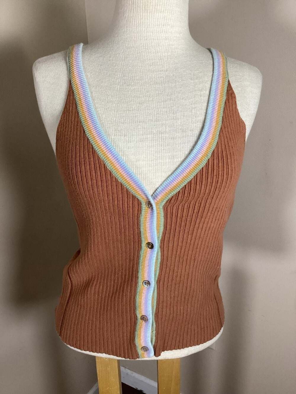 27 Miles Victoria Ribbed Knit Button-Down Tank Top with Rainbow Stripe Trim