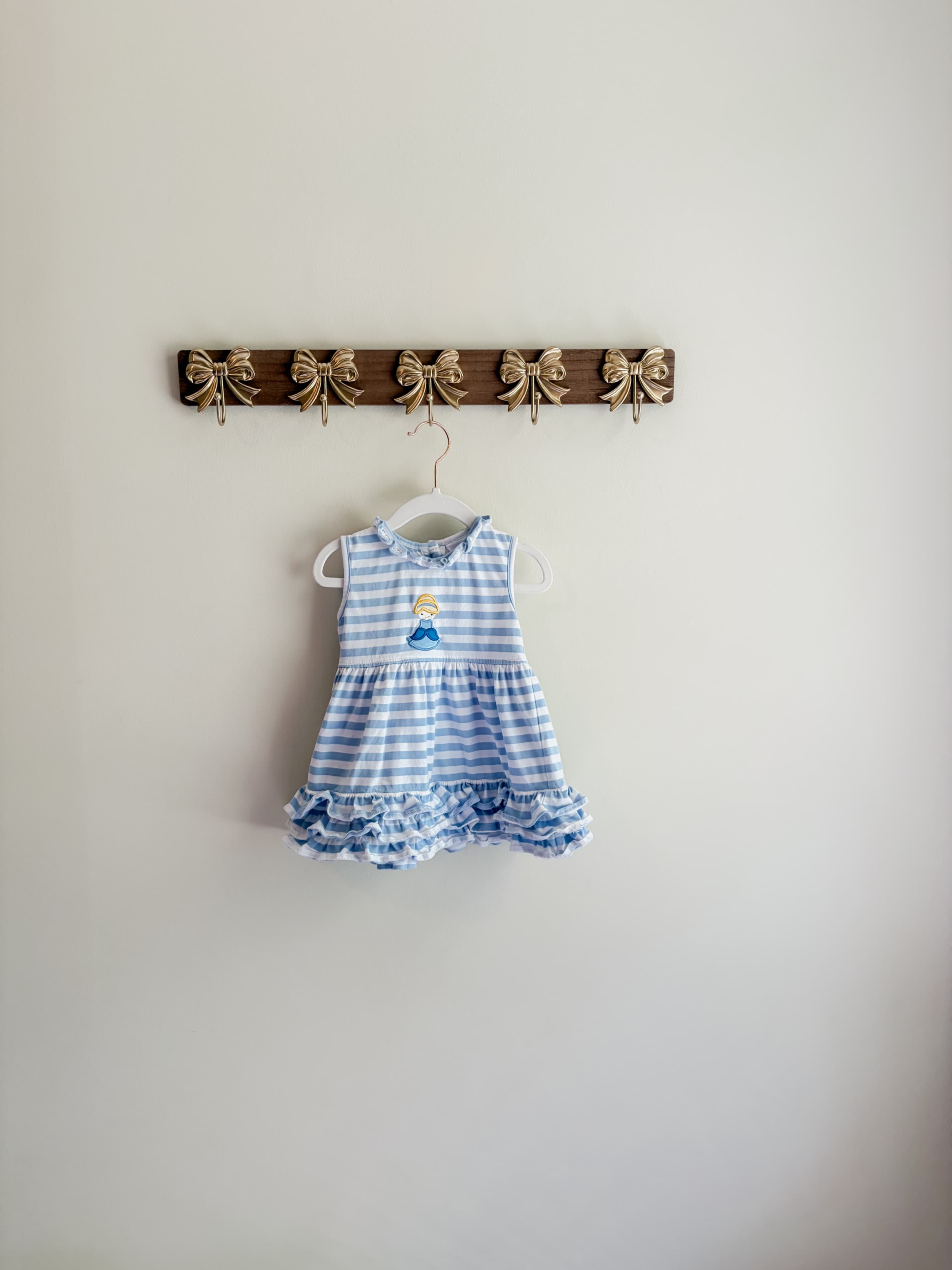 Stitchy Fish size 12 months Blue Striped Baby Dress with Ruffle Hem and embroidered Cinderella. Slight staining.