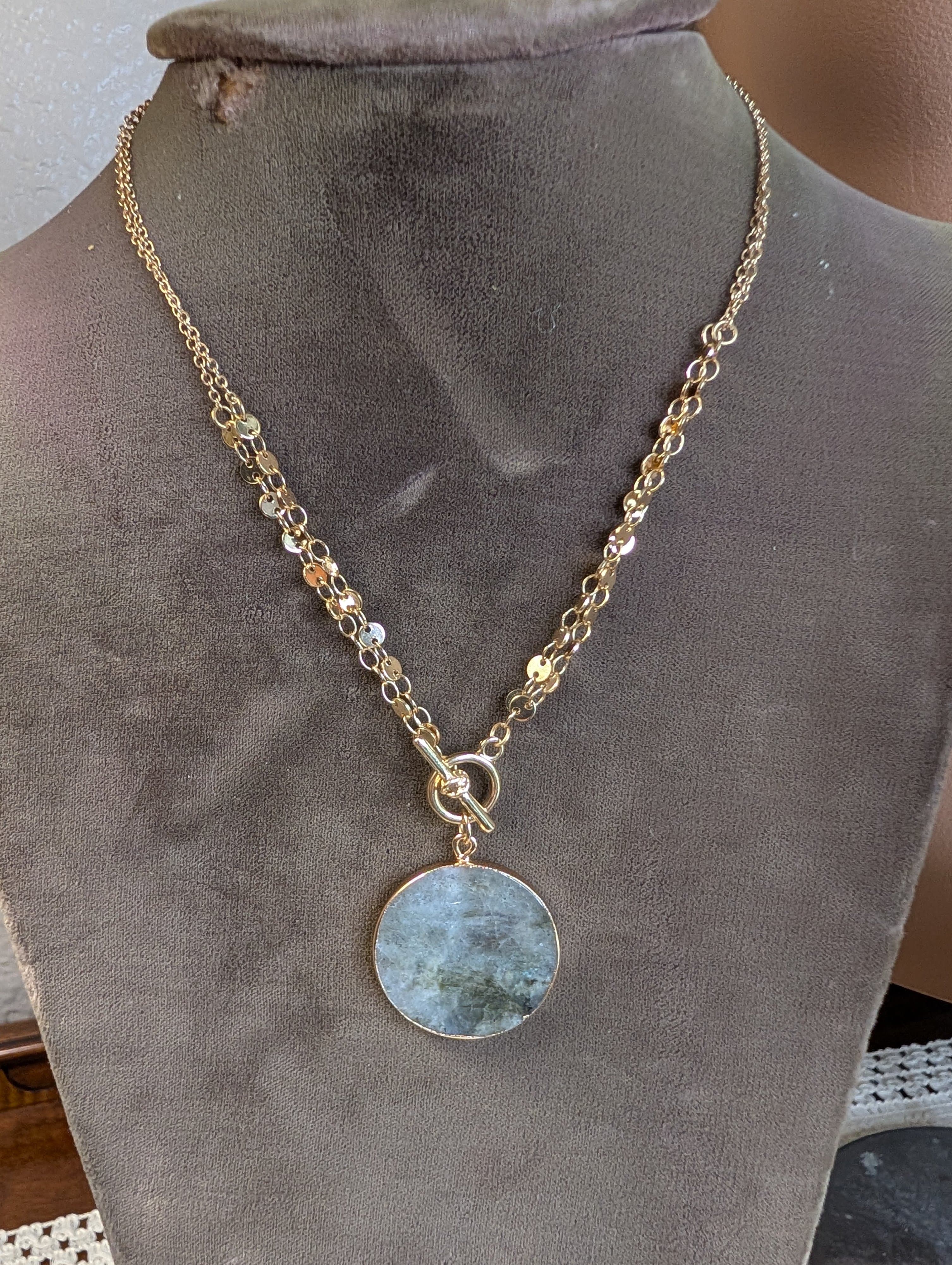 Gold Tone Toggle Necklace With Labradorite Pendant Necklace Adjustable length