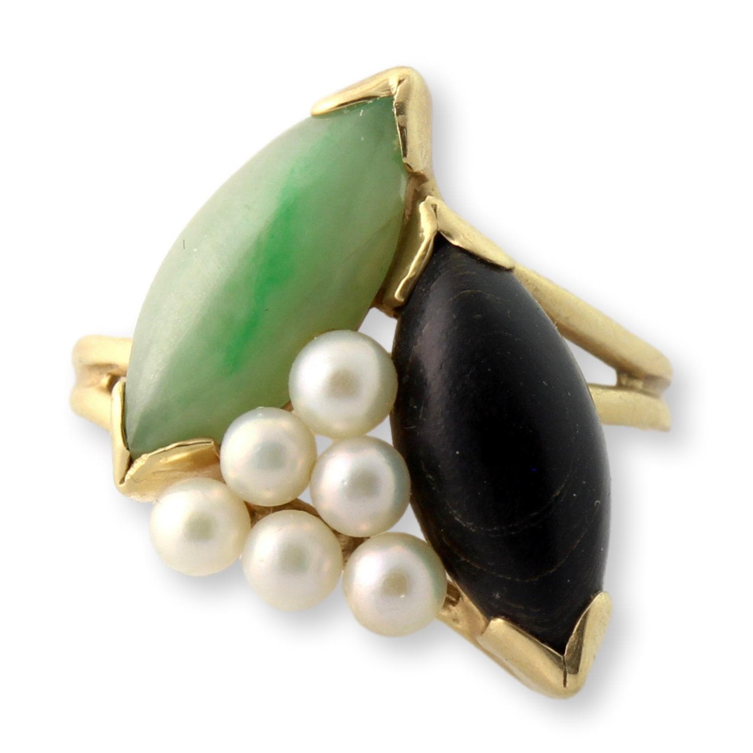 14K Jadeite, Black Coral & Pearl Ring | Hawaiiian Estate Jewelry - Size 6.5