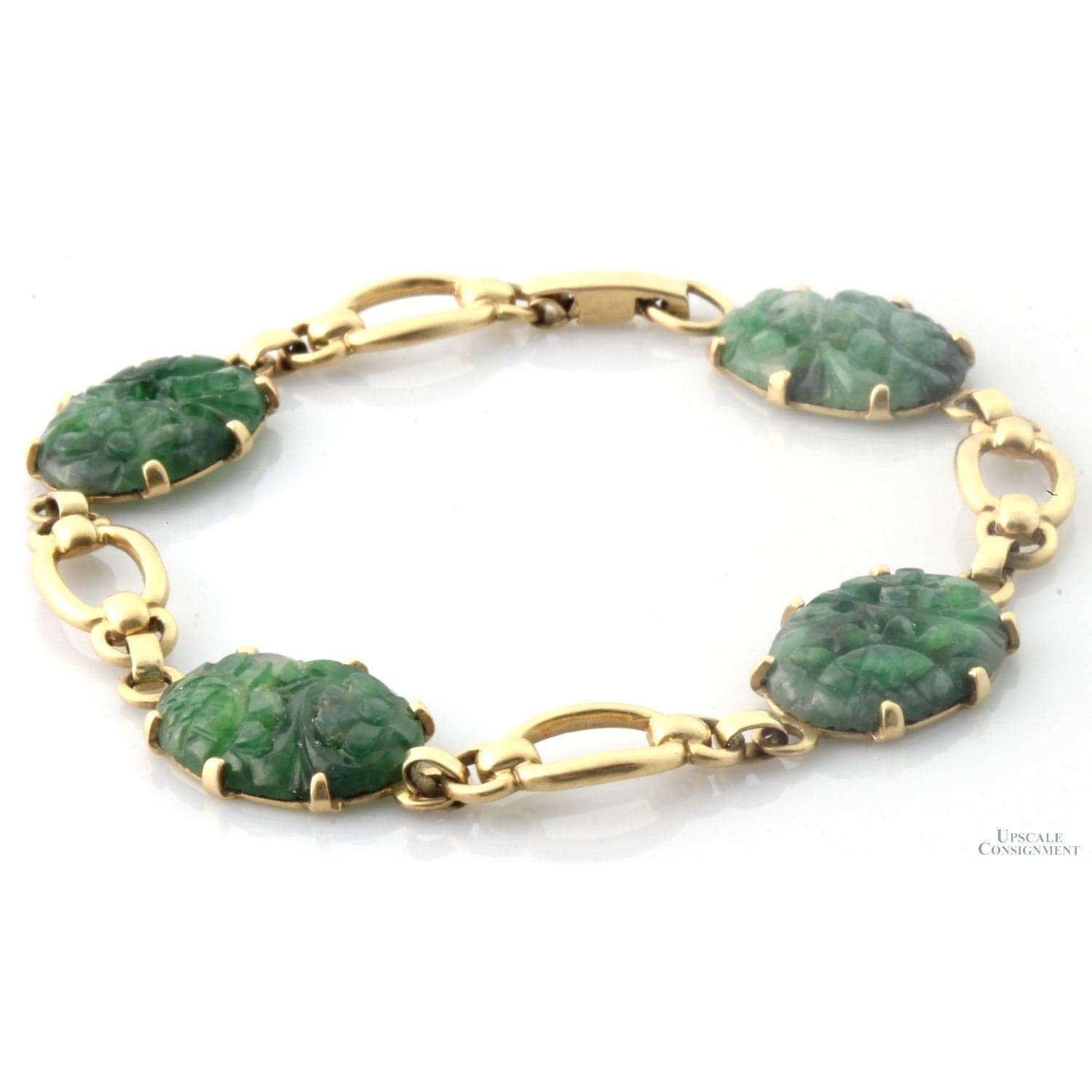 Carved Green Jadeite Jade 14K Gold Link Bracelet | Mid-Century - Size 7.25