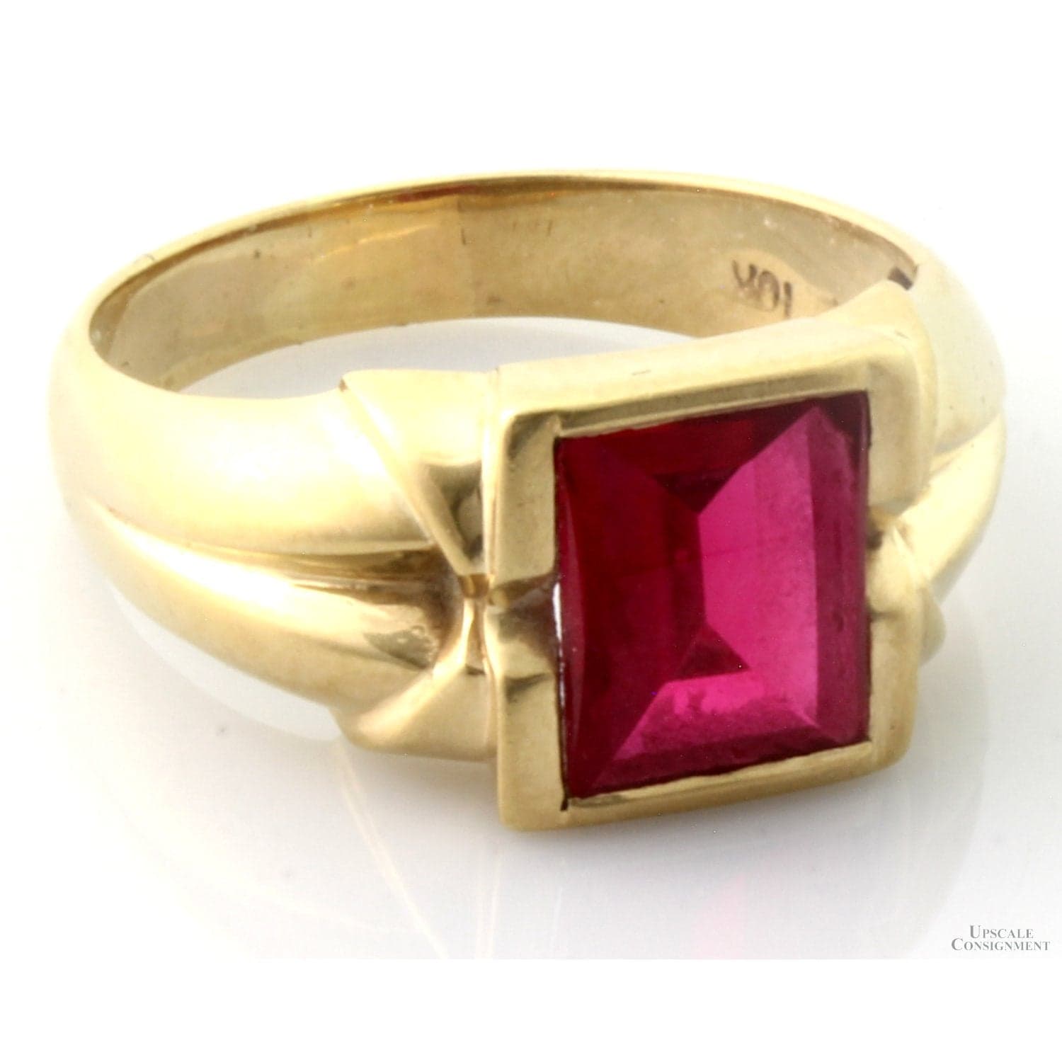10K Gold Created Ruby Ring | Mid-Century Modern Design - Size 10.5