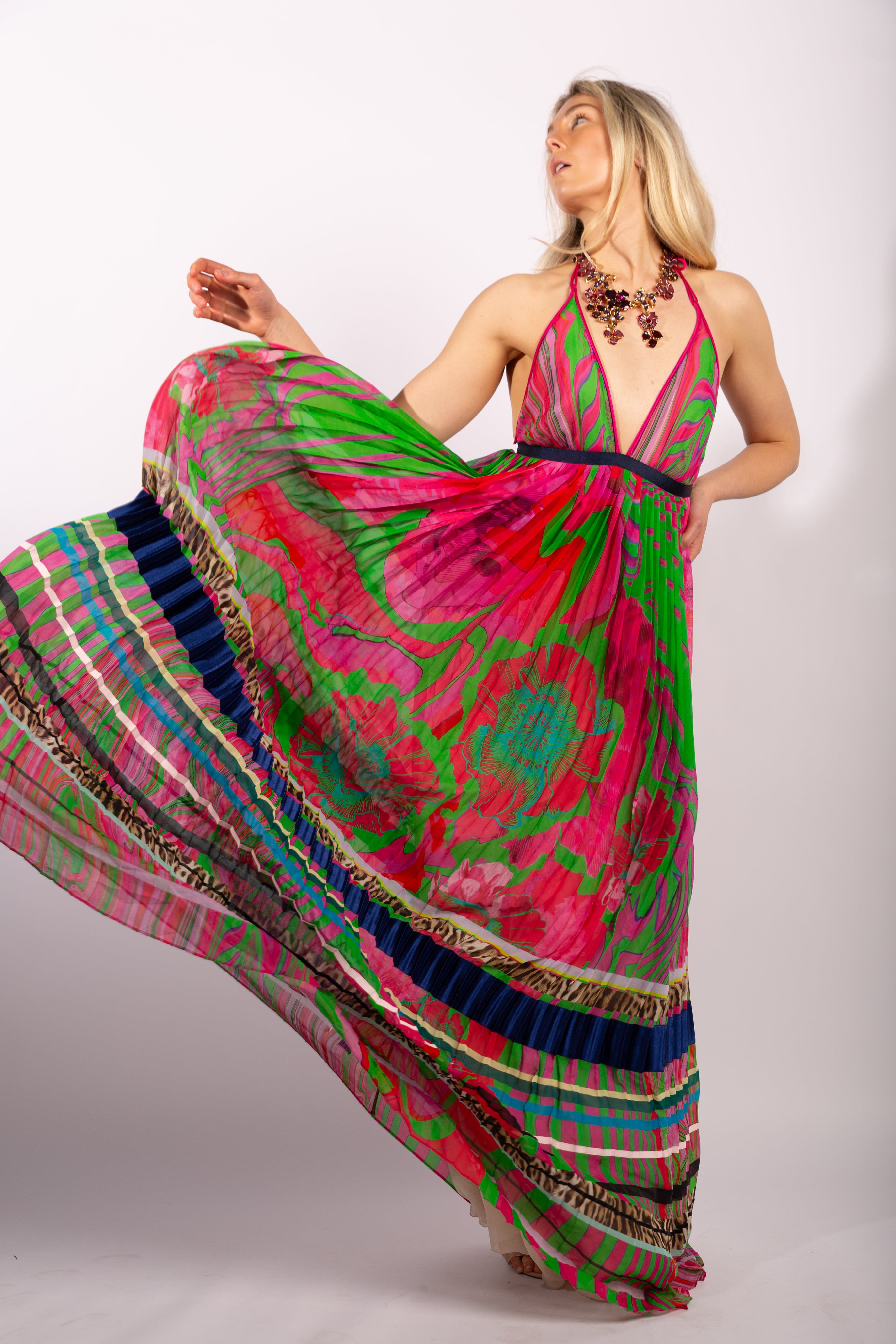 Roberto Cavalli 2015 Multi Color Maxi Long Halter Dress Size IT40