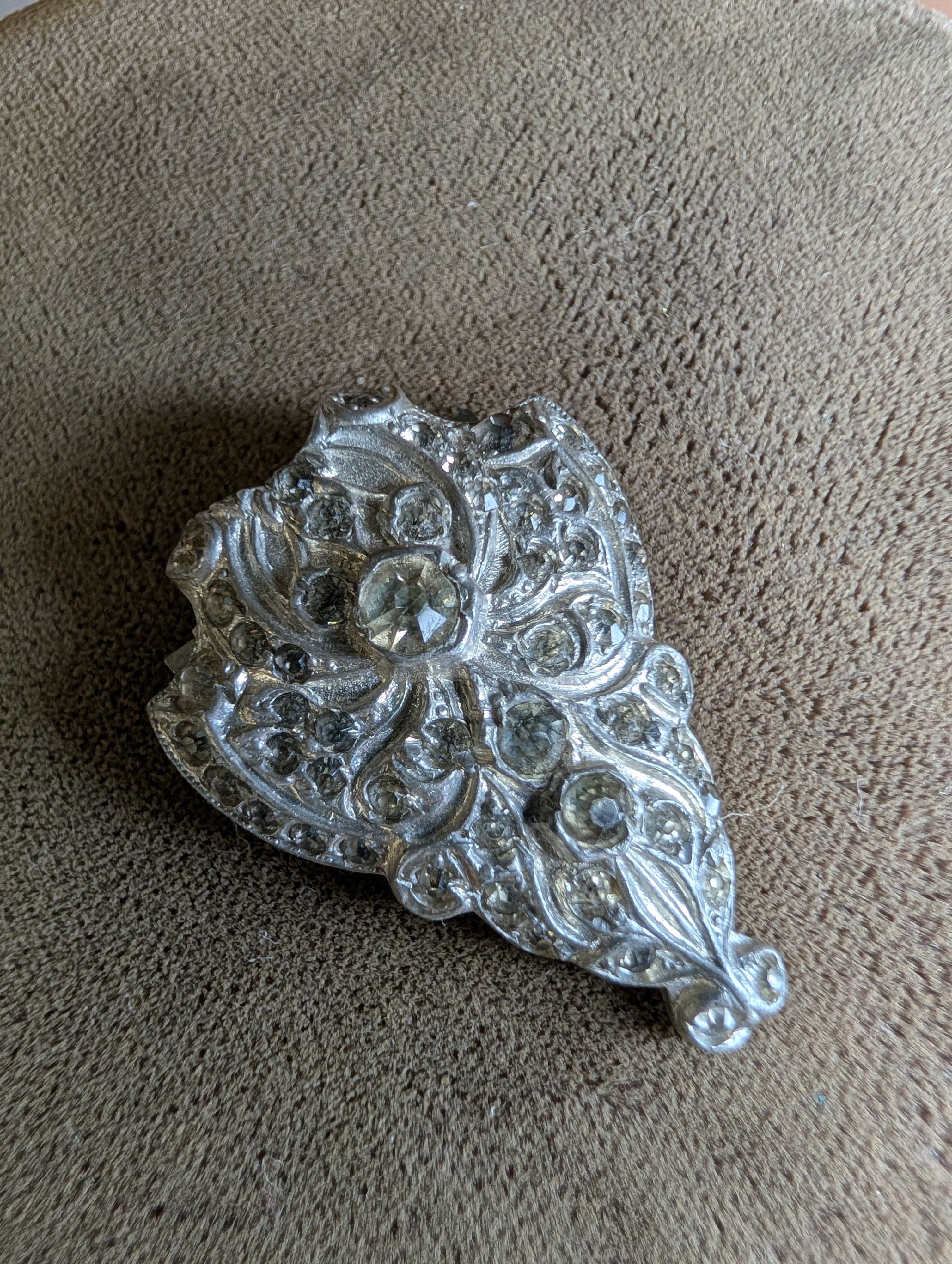 Vintage Art Deco Silver Tone Paste Glass Dress Clip