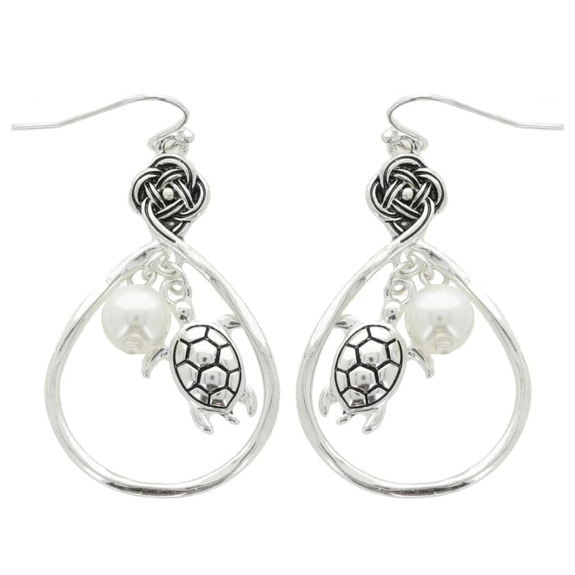 Silvertone Turtle & Faux Pearl Earrings