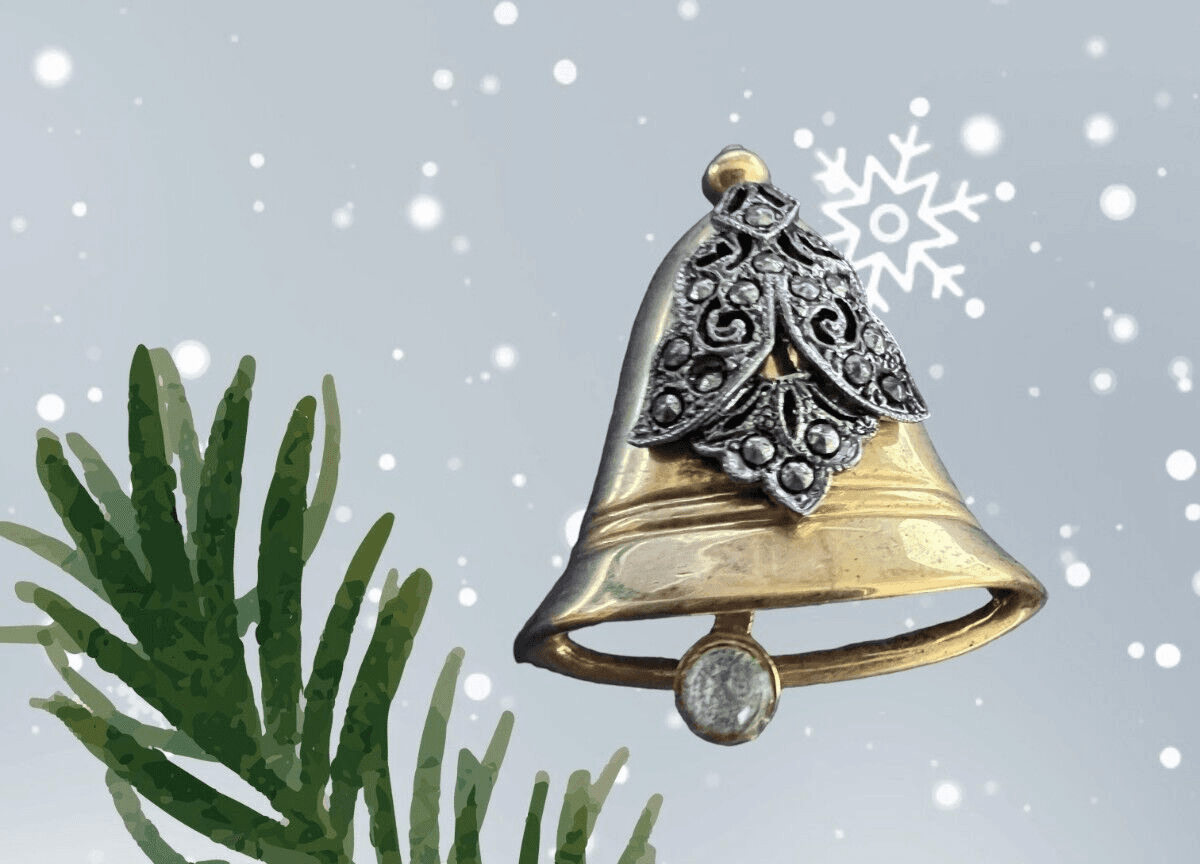 Vintage Goldtone Christmas Bell Pin w/ Silvertone Deco