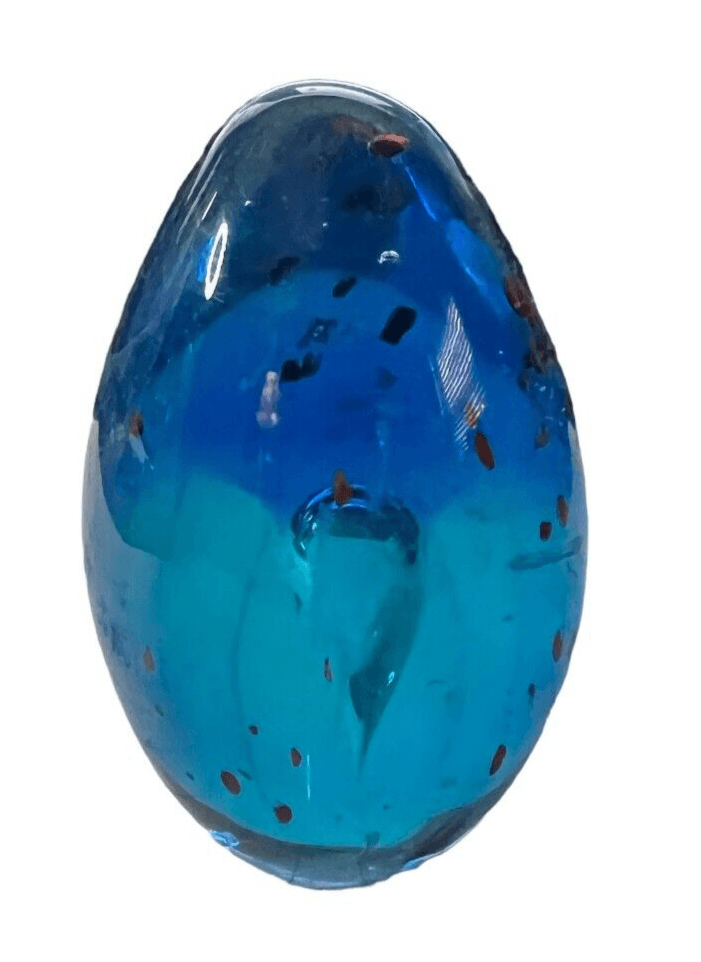 Art Glass Egg Shape Cobalt Blue With Copper Metallic Design 3.5"