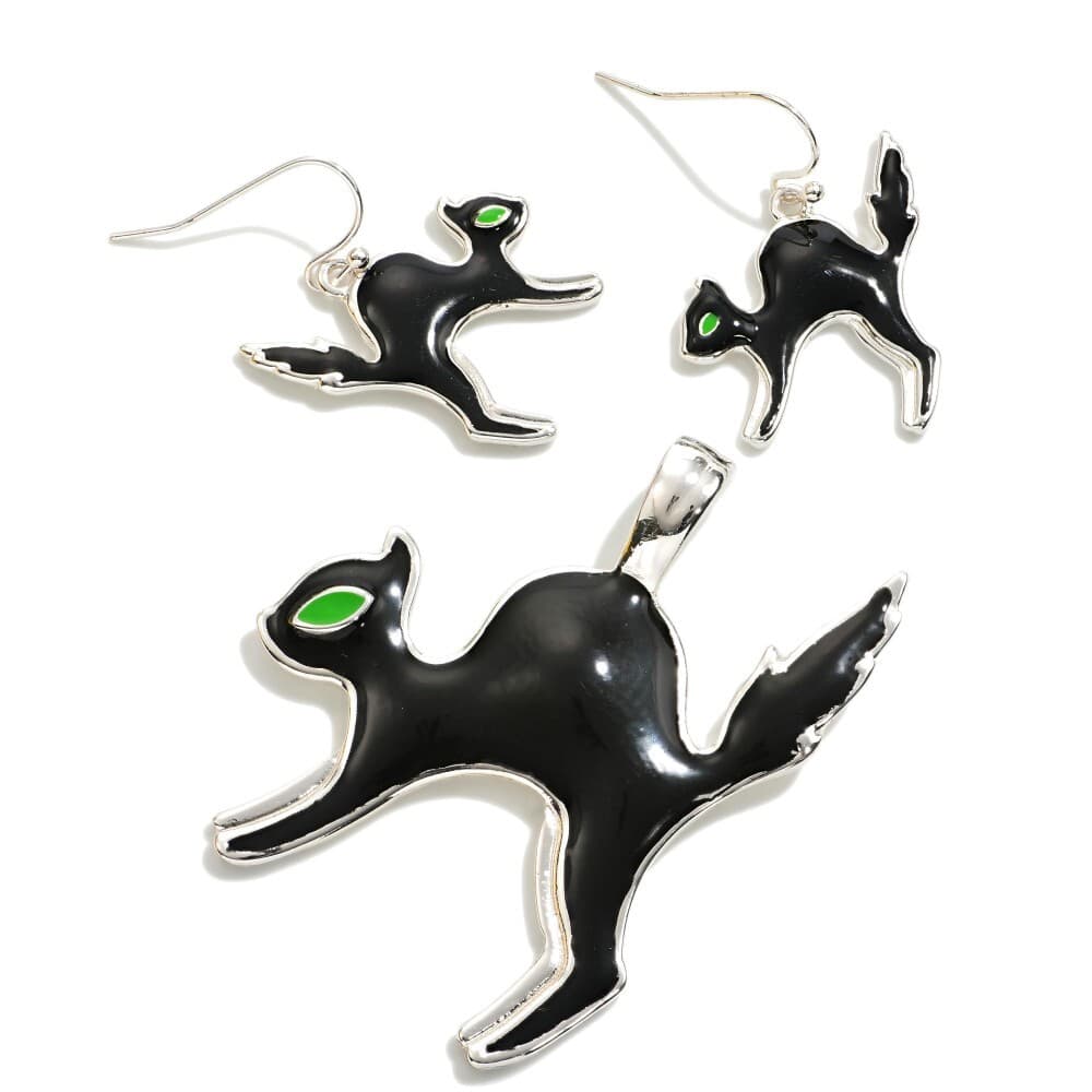 Vintage Halloween Silvertone Black Enamel Cat Earrings & Pendant
