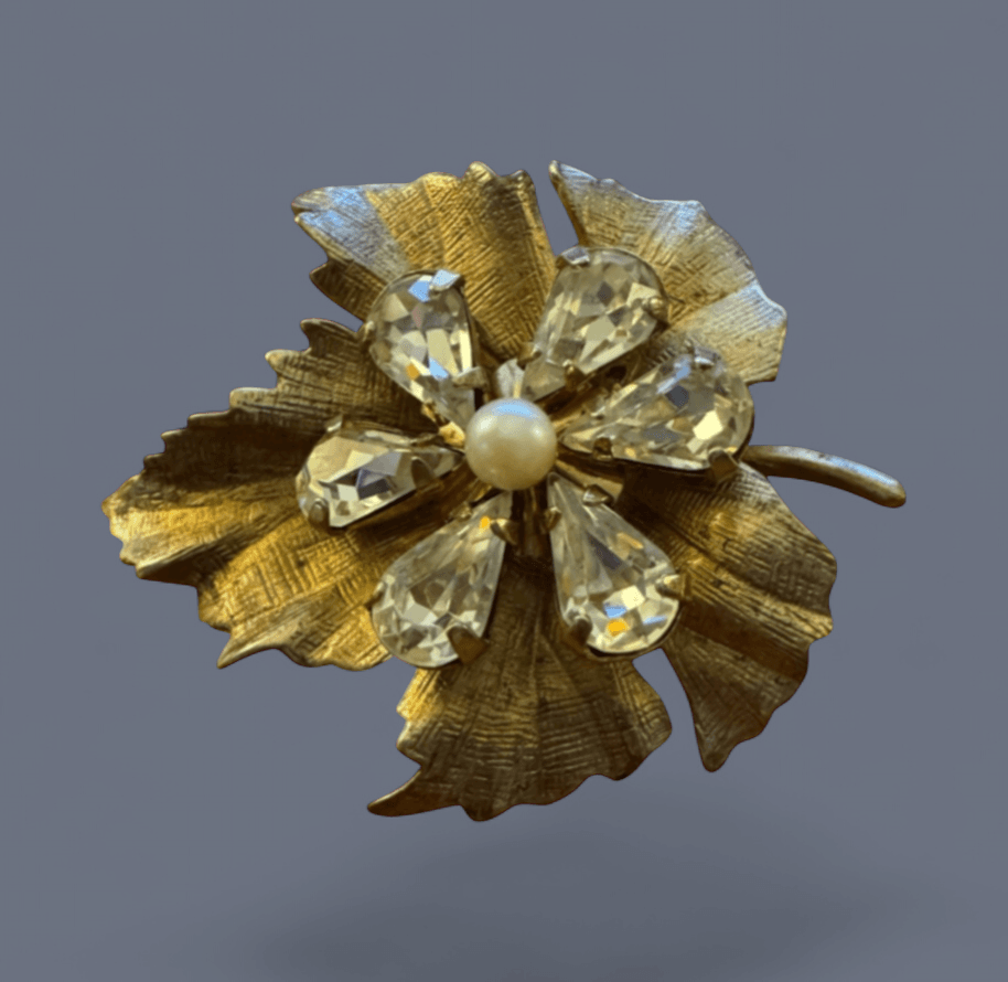 Vintage 14K over Sterling Leaf Pin with Rhinestones & Faux Pearl
