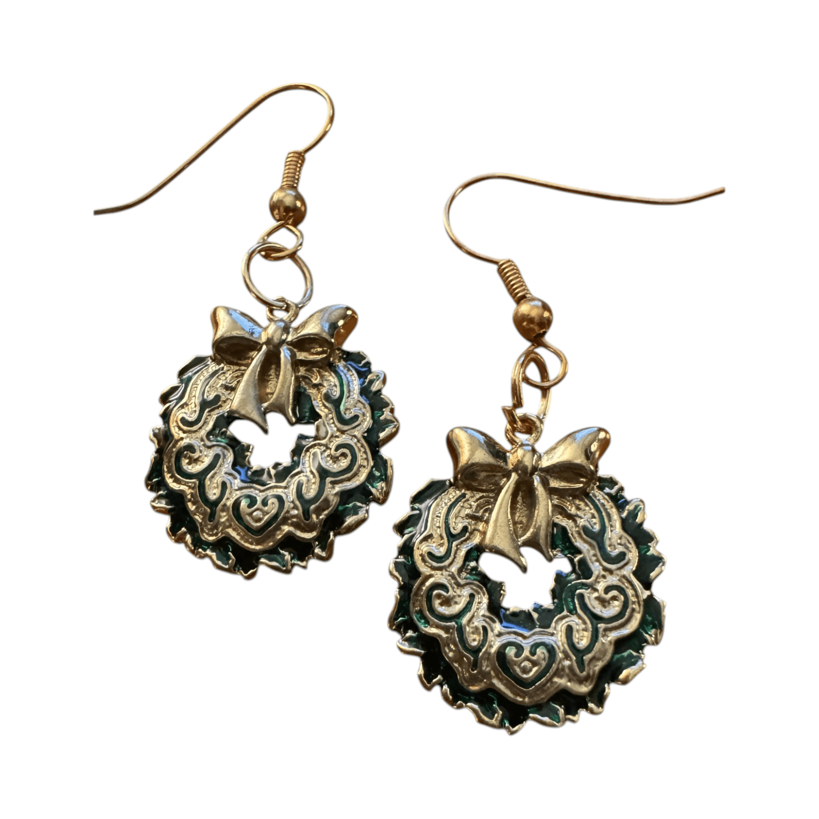 Christmas Earrings Goldtone & Green Dangle Wreath