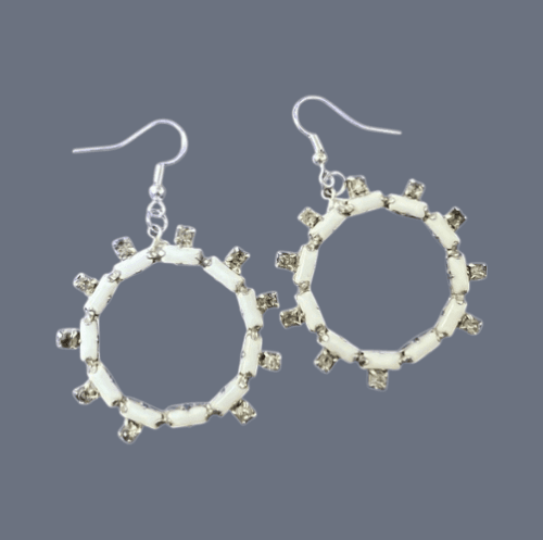 Vintage 50's Style Earrings White Stones w/ Rhinestone Circle Earrings 1.25"