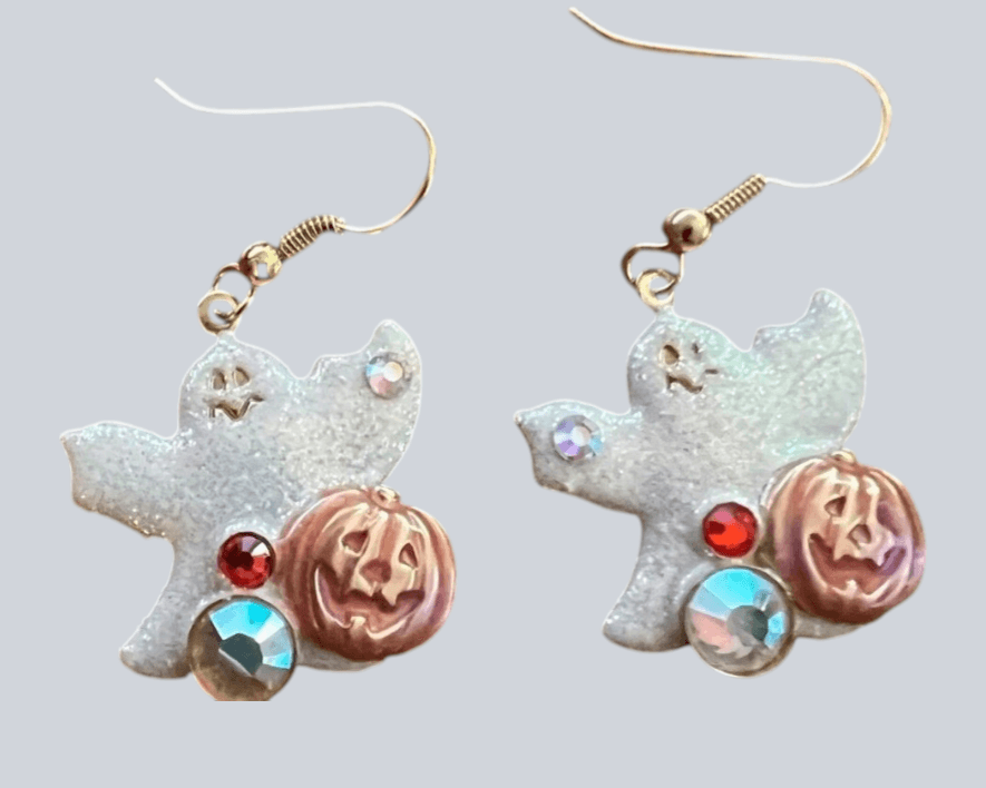 Vintage Halloween Ghost with Rhinestones & Pumpkin Earrings - Cute