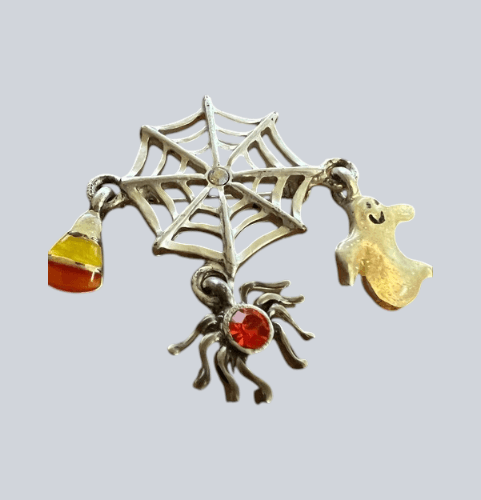 Vintage Halloween Metal Pumpkin Pin w/3 Charms Signed AJMC