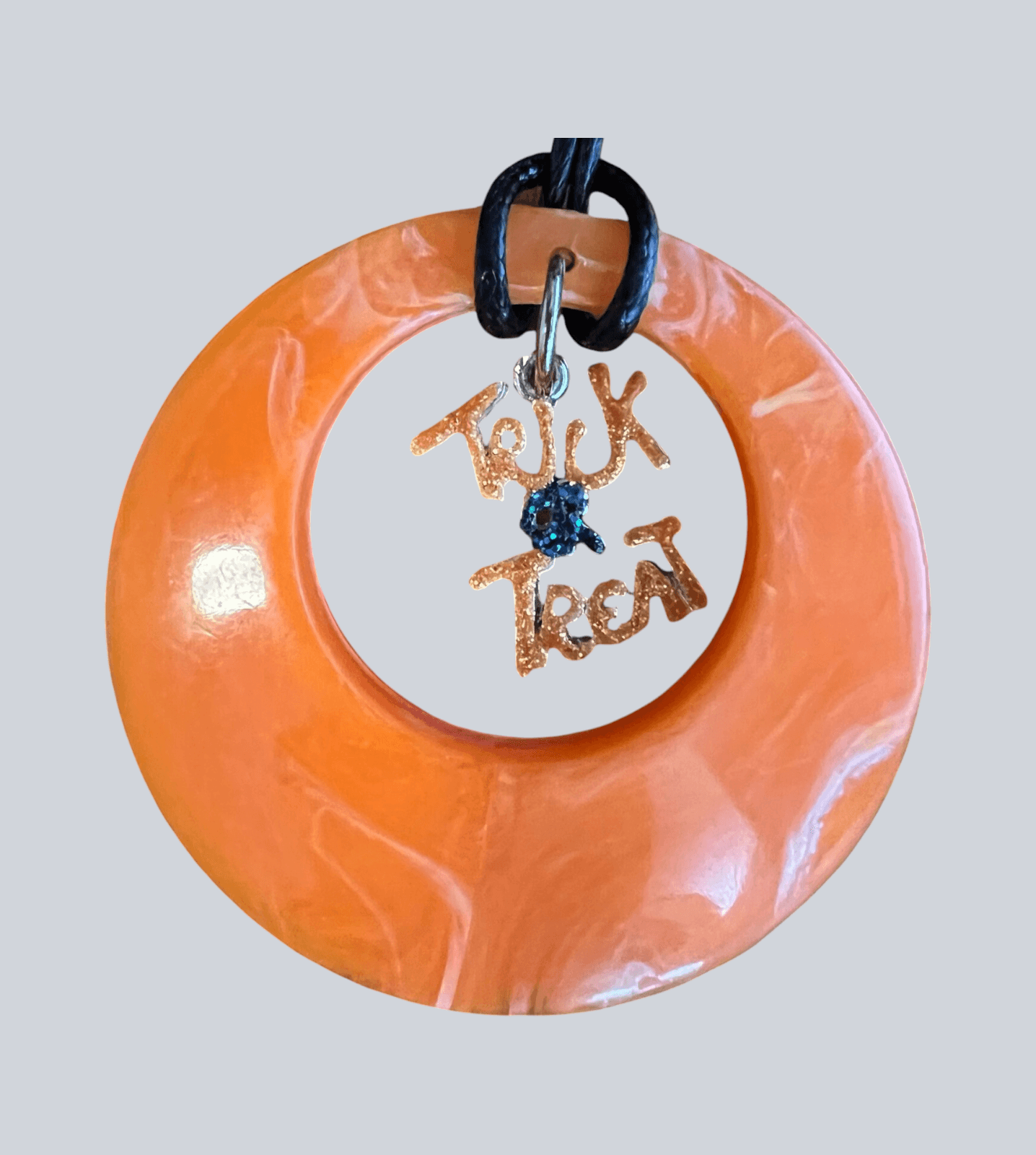 Vintage Halloween Black Rope Necklace w/ Orange Disk w/Trick or Treat Charm