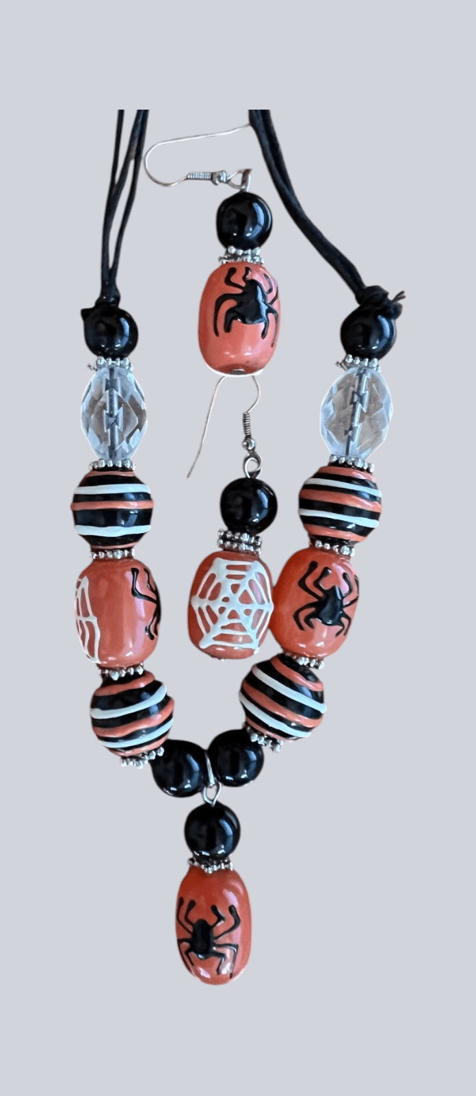 Vintage Halloween Necklace w/earrings Glass Beads on Black Rope