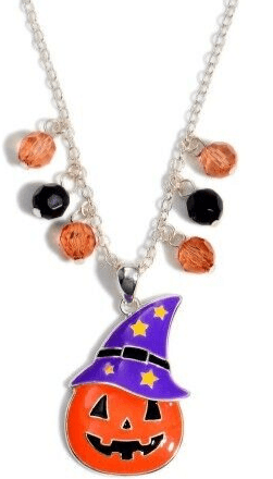 Halloween Necklace Orange Pumpkin with Purple Hat Silvertone Hand Made Jewelry