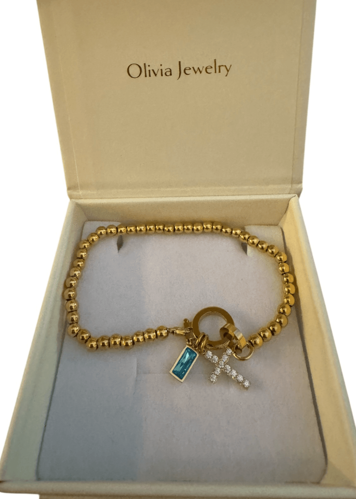 Goldtone Beaded Birthstone December Cross Charm Bracelet Olivia Jewelry