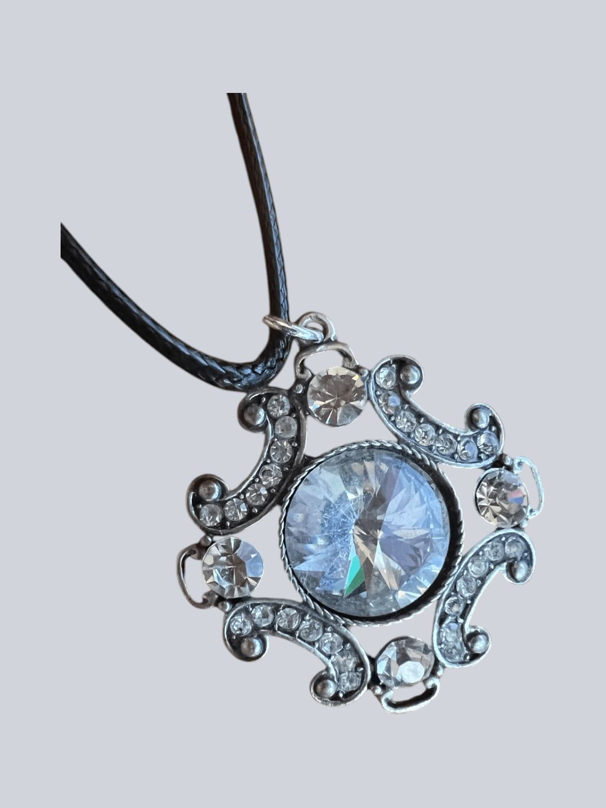 Fashion Jewelry Large Rhinestone Pendant on Black Rope 18"