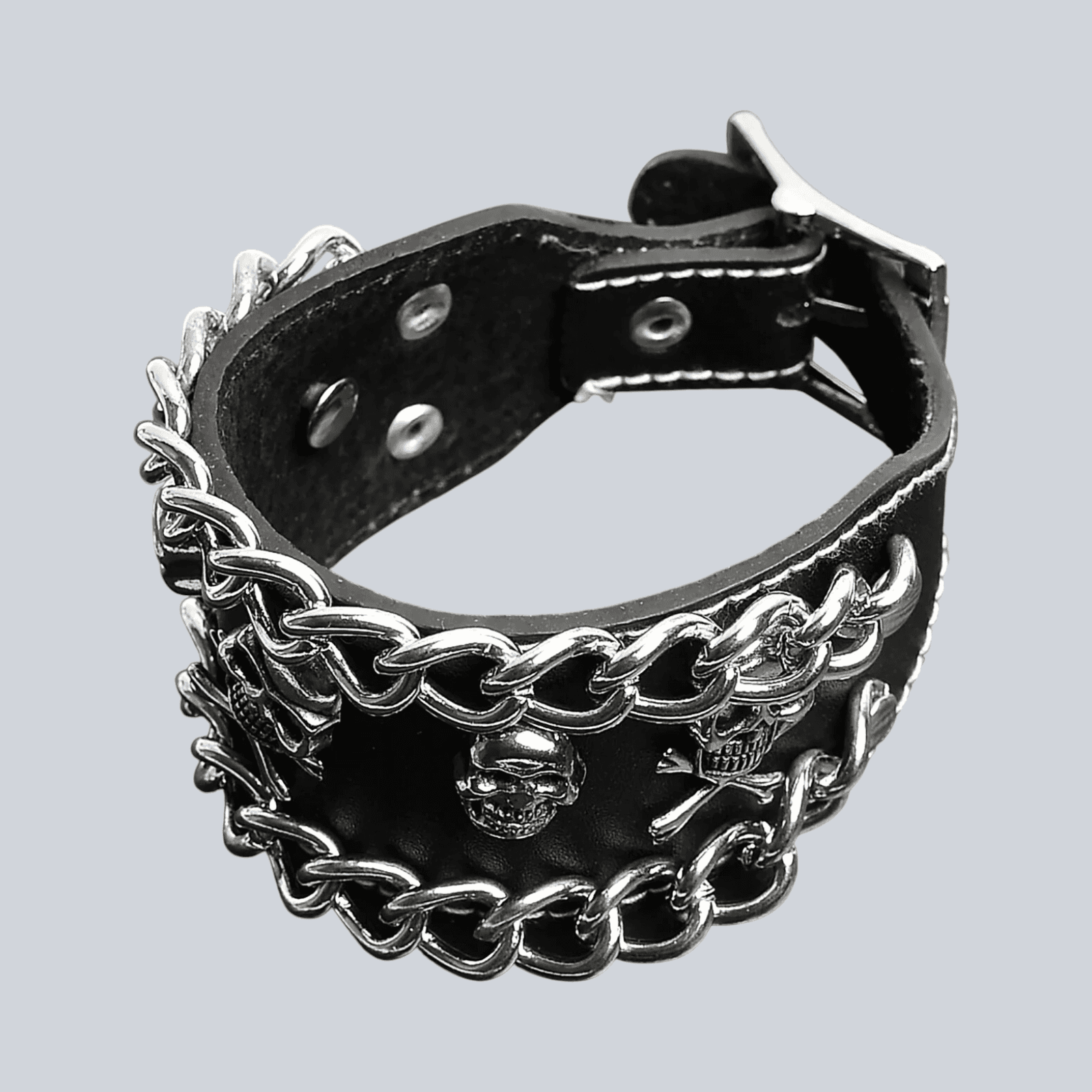 Bracelet Black Leather Stainless Steel Skull And Crossbones Chain