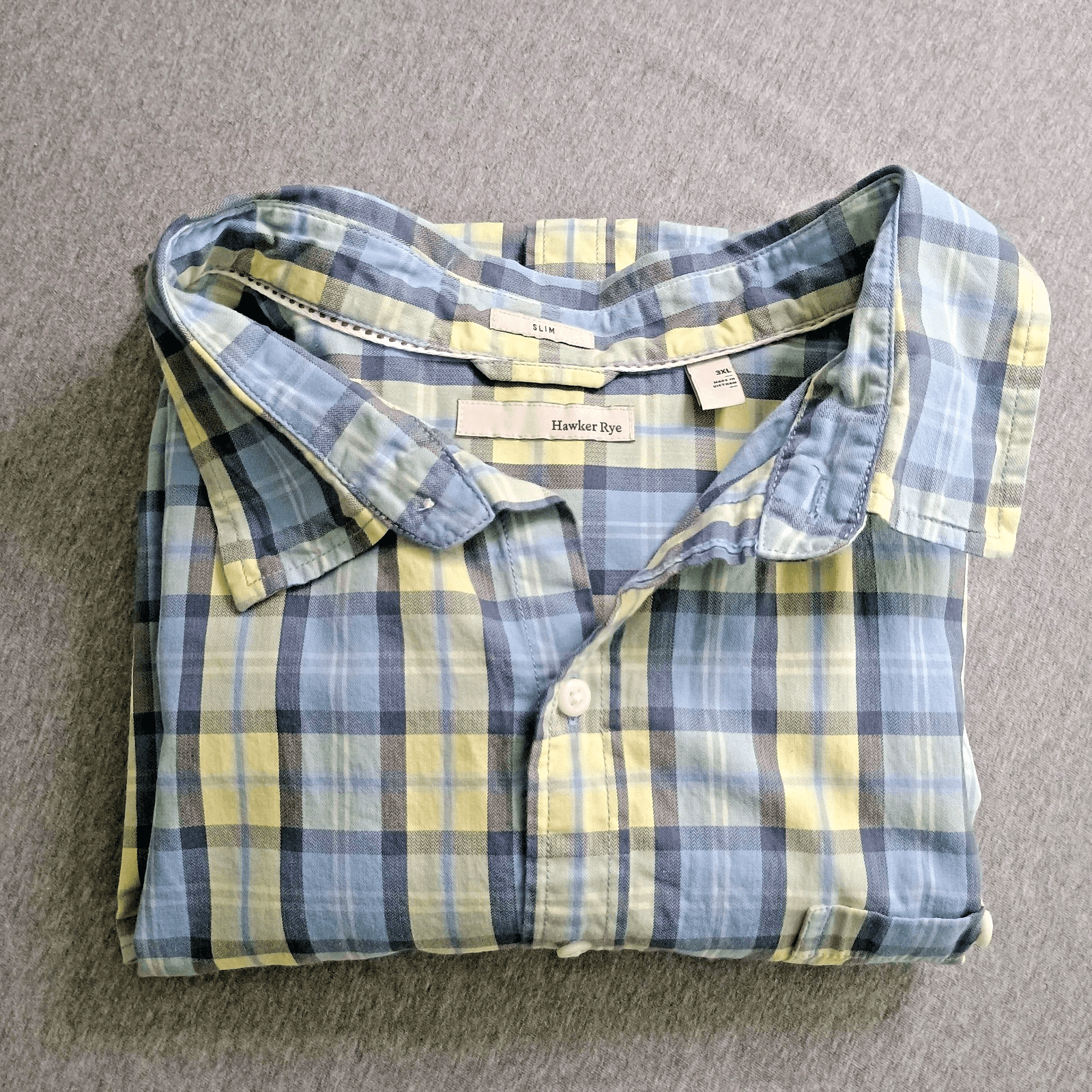 Hawker Rye Button Up Short Sleeve Shirt Size 3XL Blue Yellow Plaid Stretch
