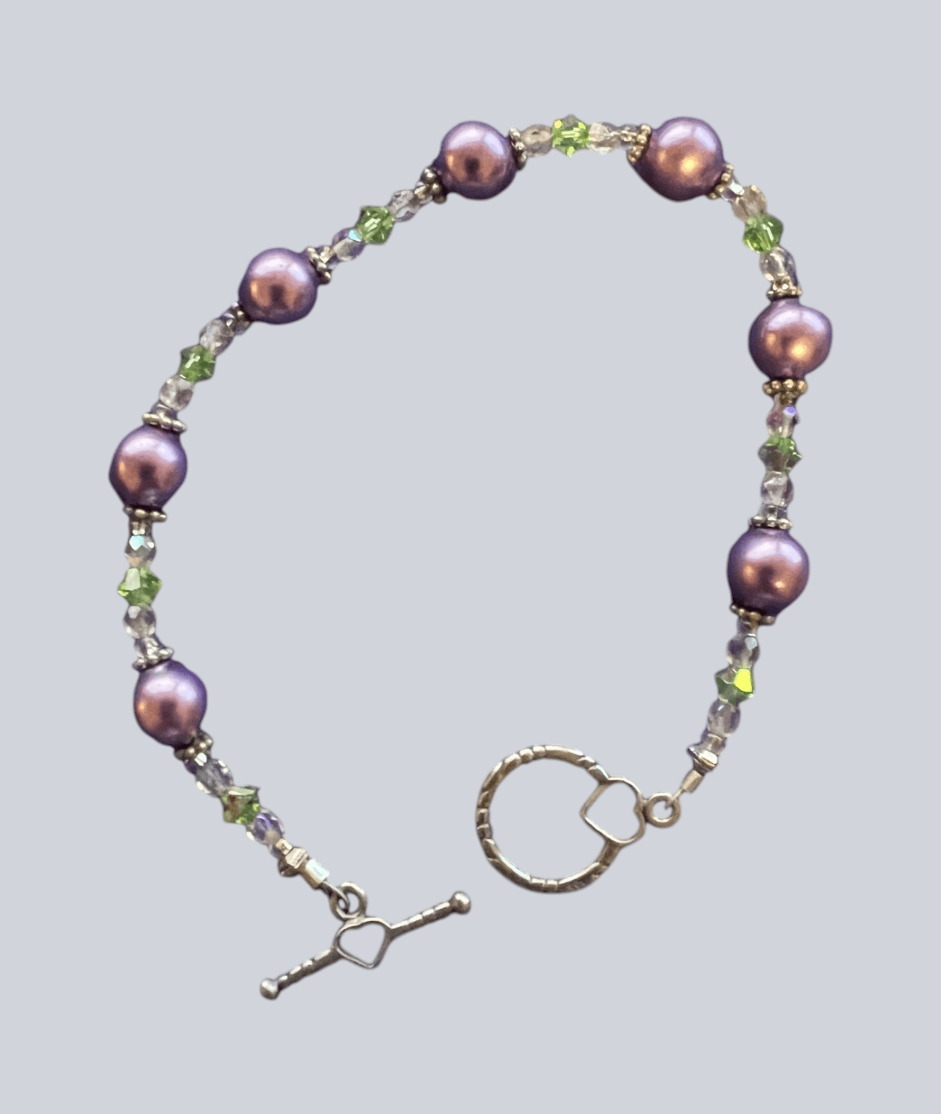Vintage Lavender Faux Pearl & Crystal Lime Green & Clear Crystal Bracelet 7"