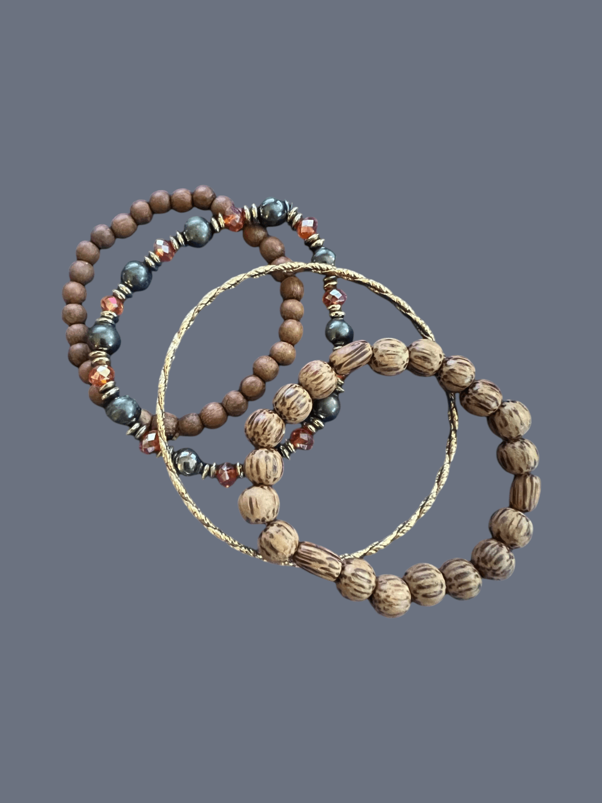 4 Stretch Bracelets Browns, Beads & Goldtone
