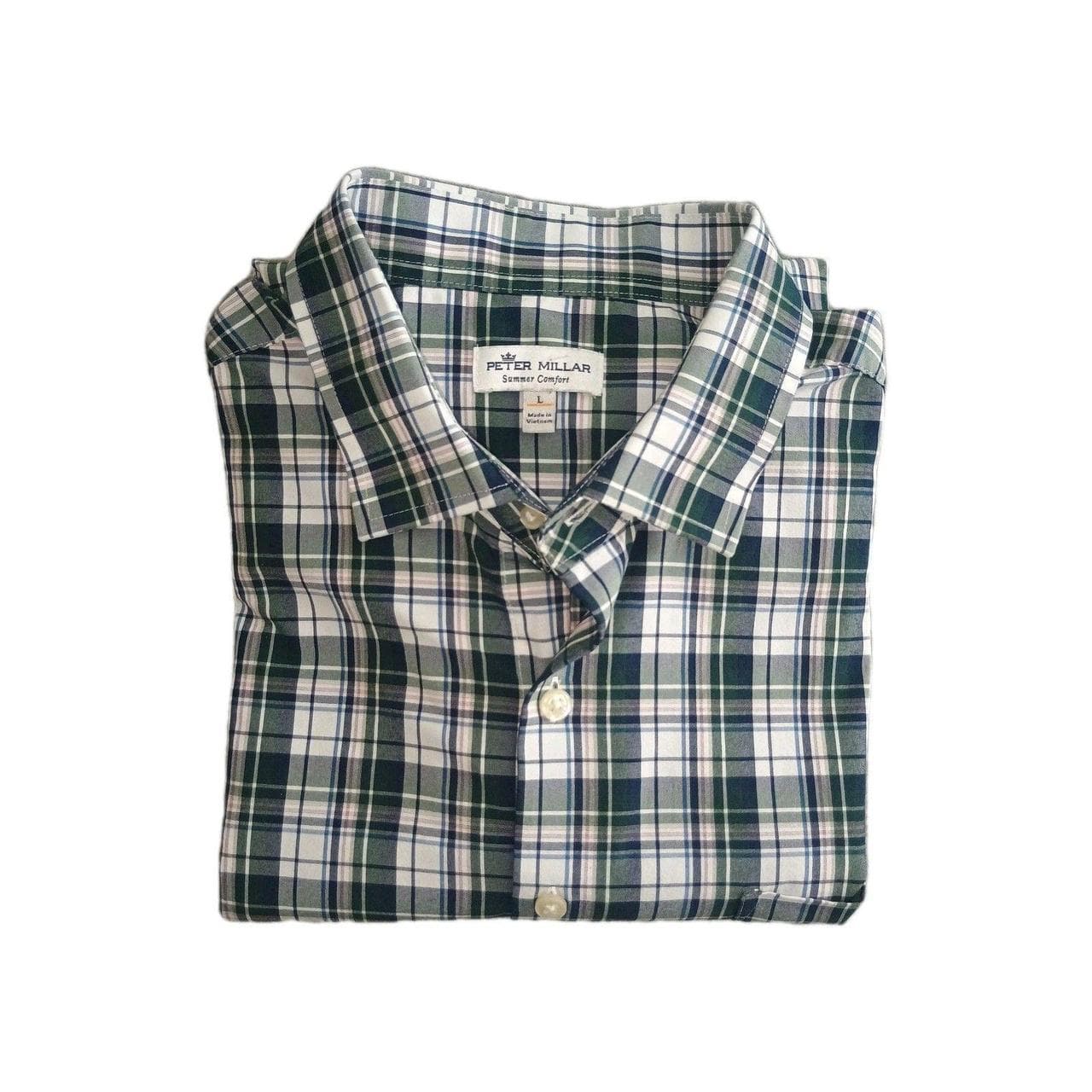 PETER MILLAR SUMMER COMFORT MENS LARGE BLUE PLAID BUTTON UP SHIRT