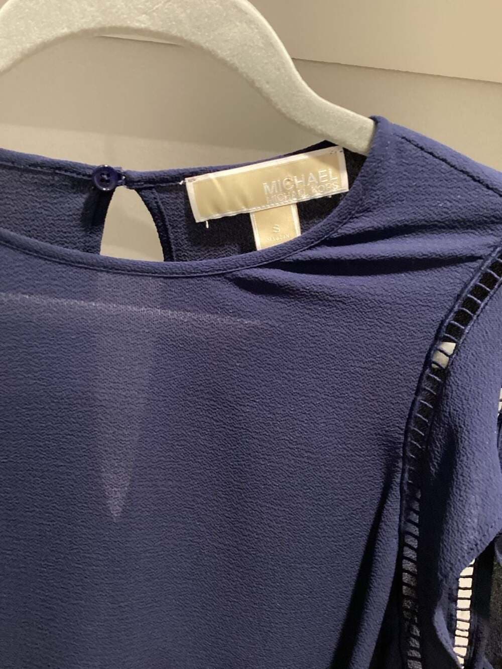 Michael Kors Navy Blue Flutter Sleeve Blouse with Lattice Trim Detail