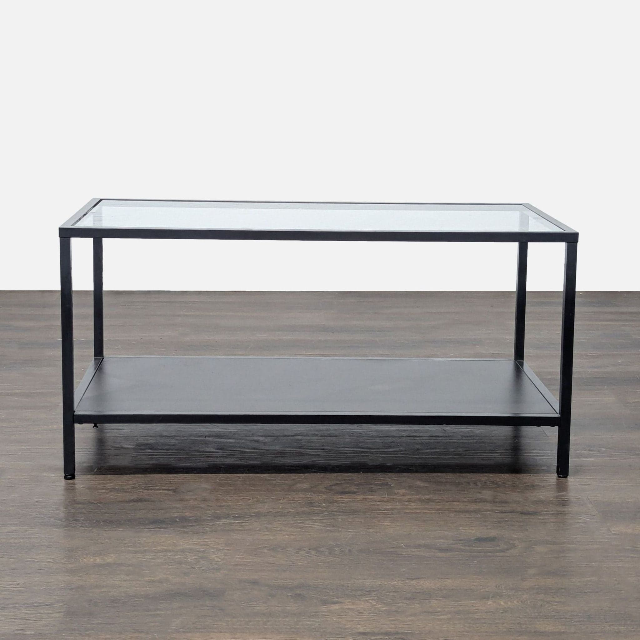 Glass Top Coffee Table with Wood Shelf on Metal Frame