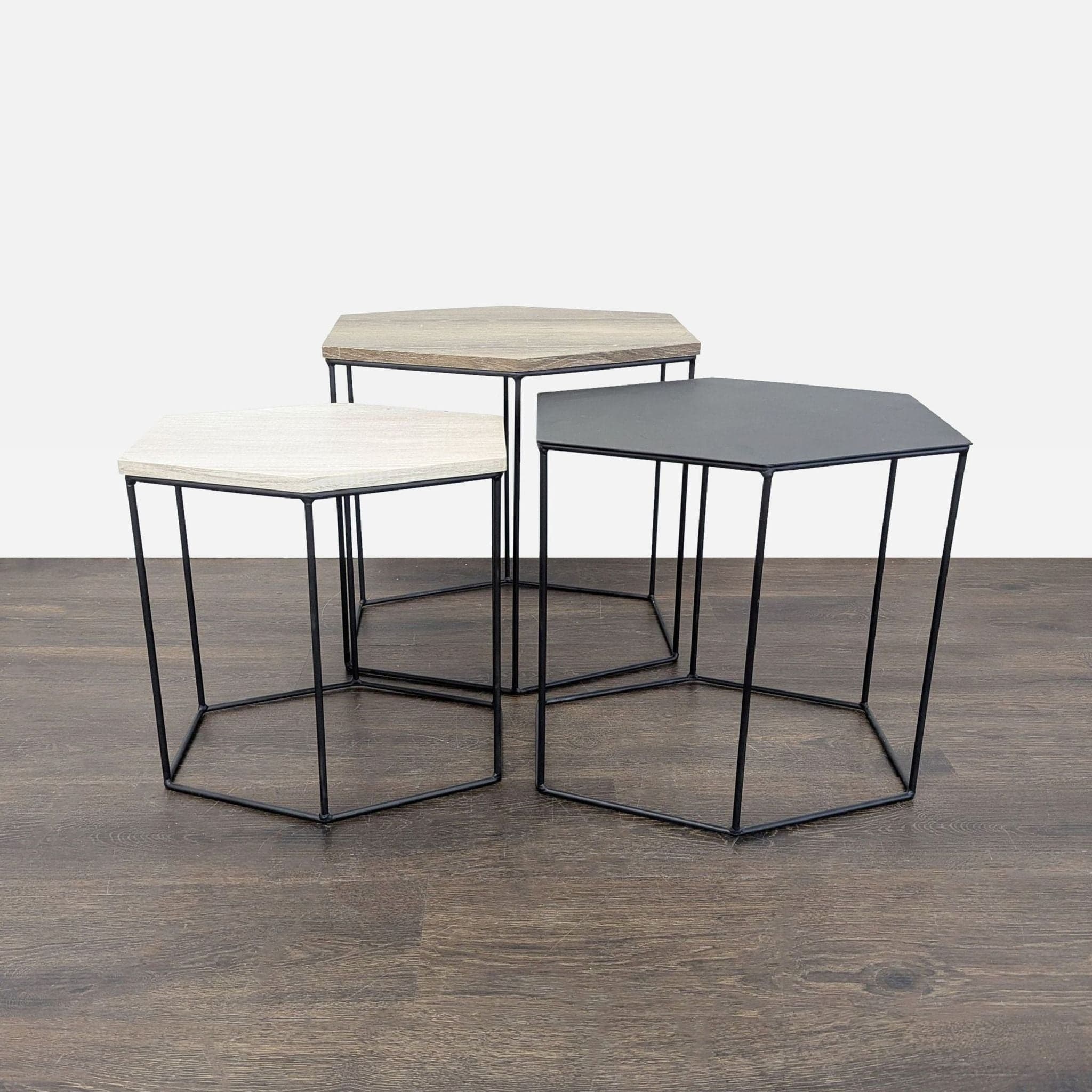 Trio of Wood Top Hexagon Tables