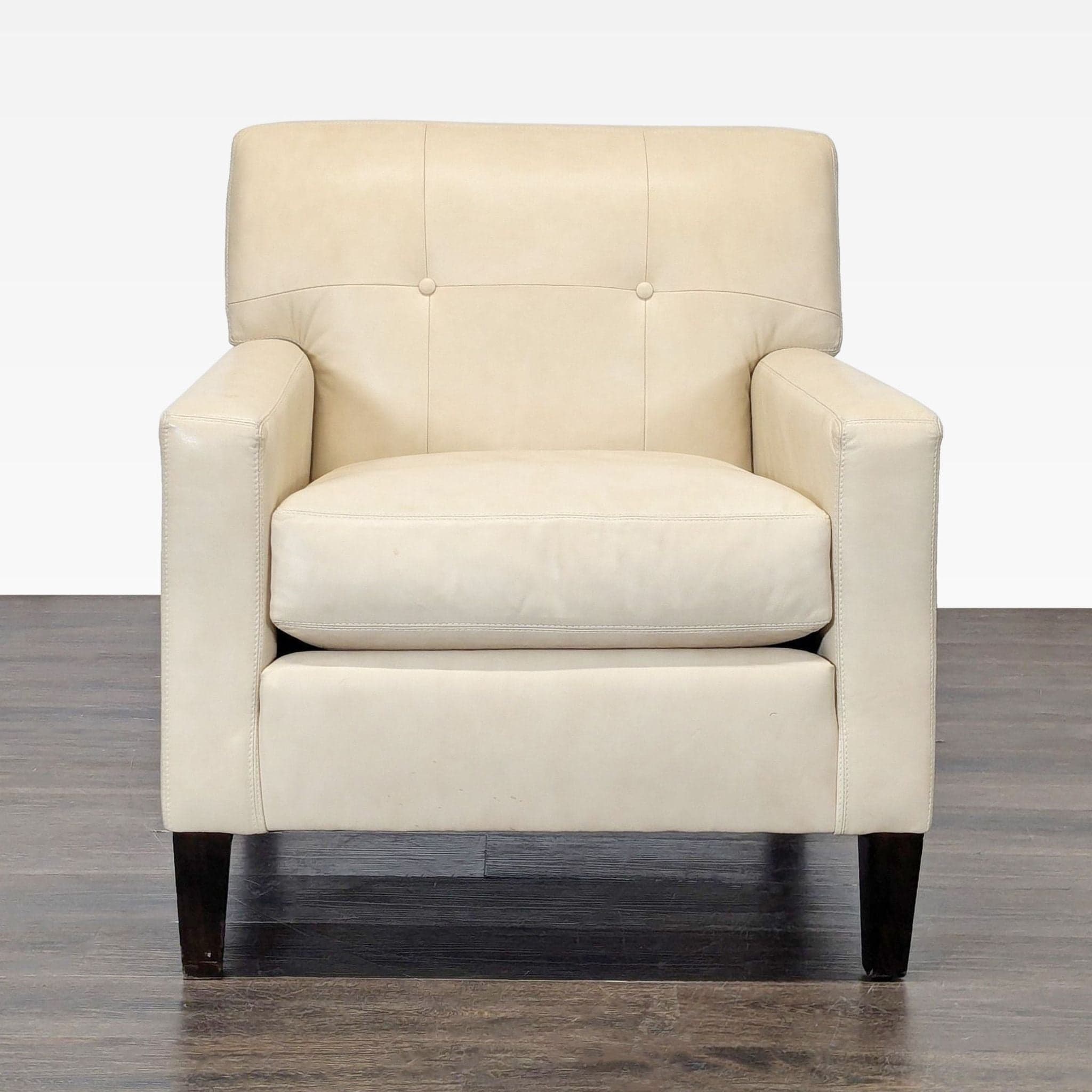 Modern Cream Leather Lounge Chair with Dark Wood Legs
