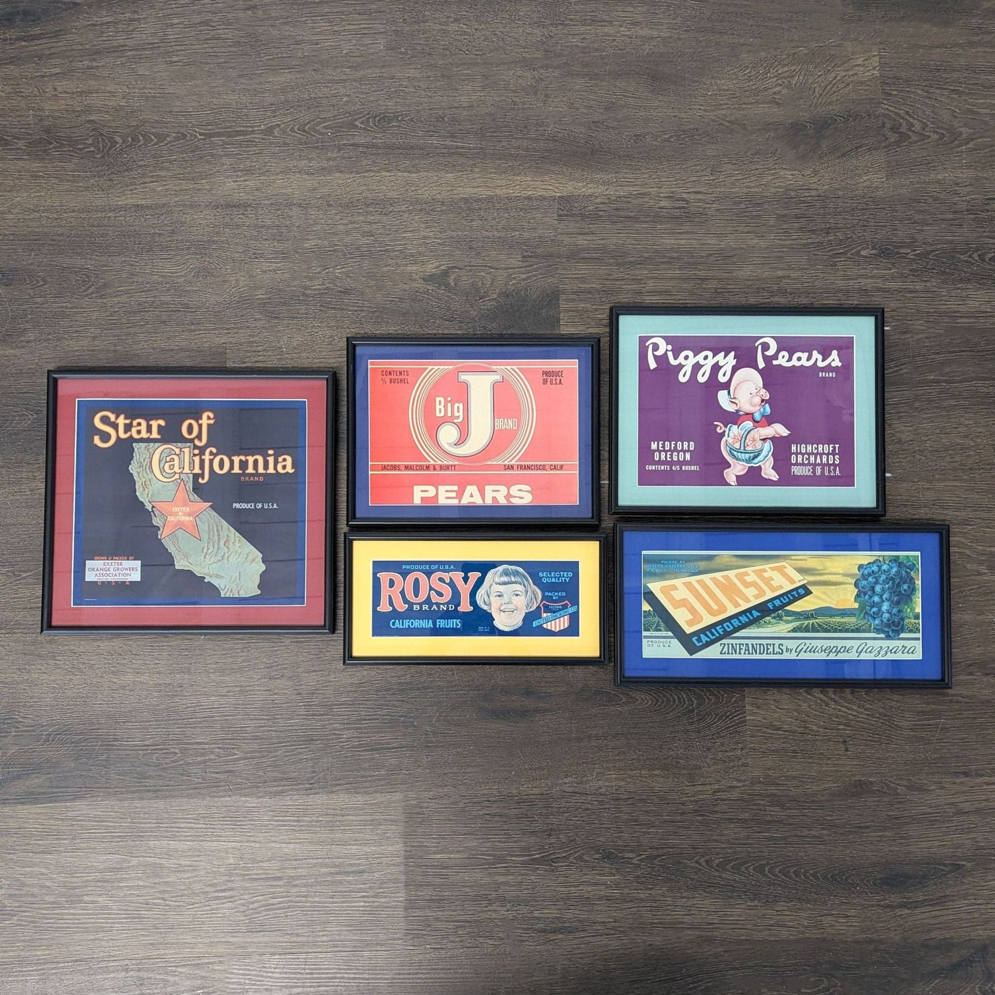 Set of 5 Framed Vintage California Fruit and Produce Label Prints
