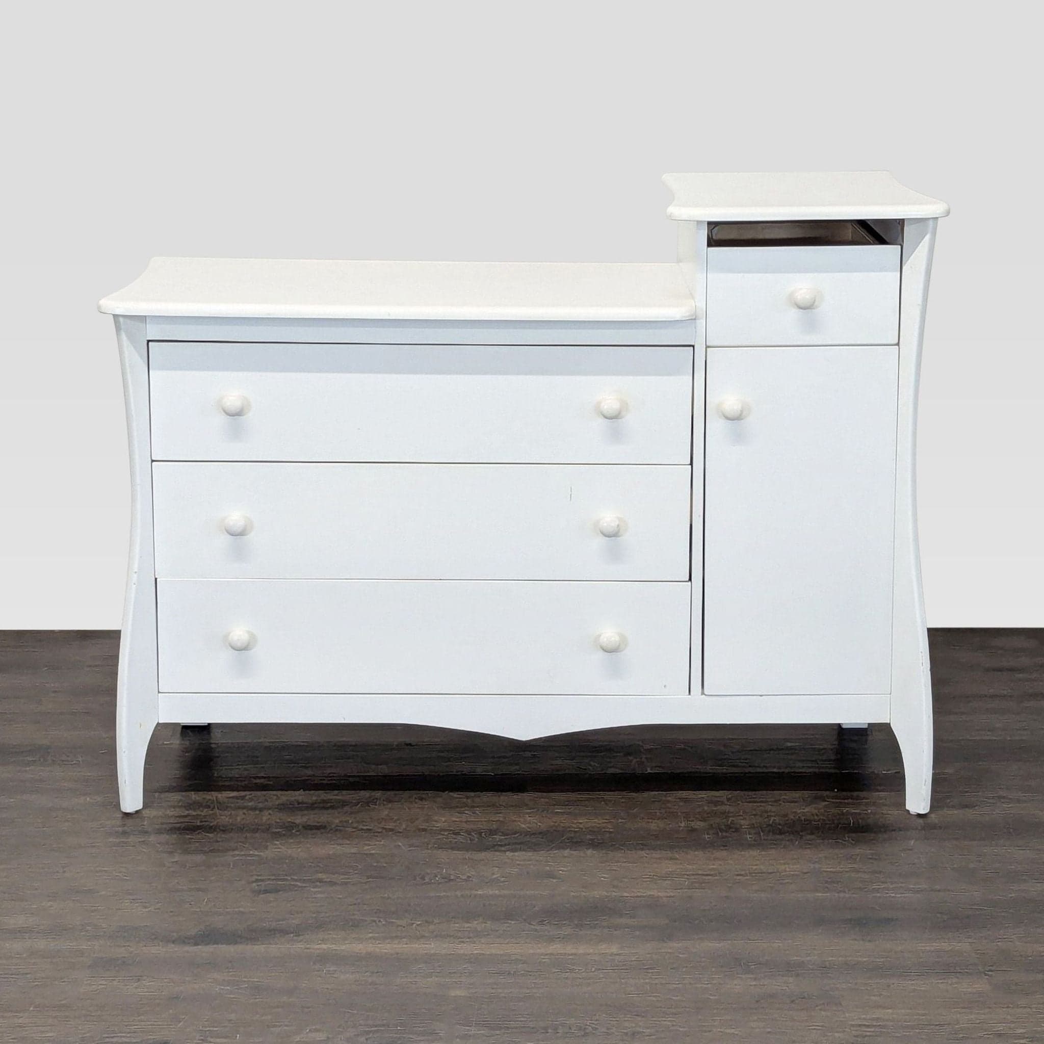 White 4-Drawer Dresser with Cabinet and Open Shelf