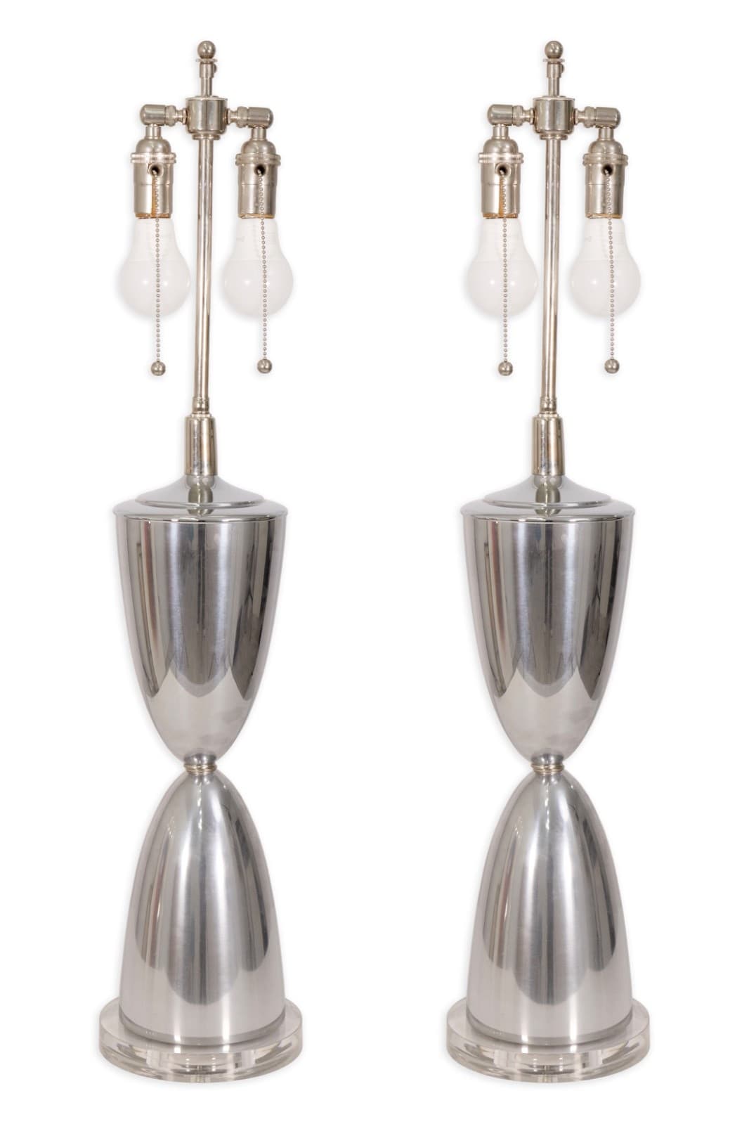 Pair Of Mid Century Modern Polished Aluminum Table Lamps On Lucite Bases
