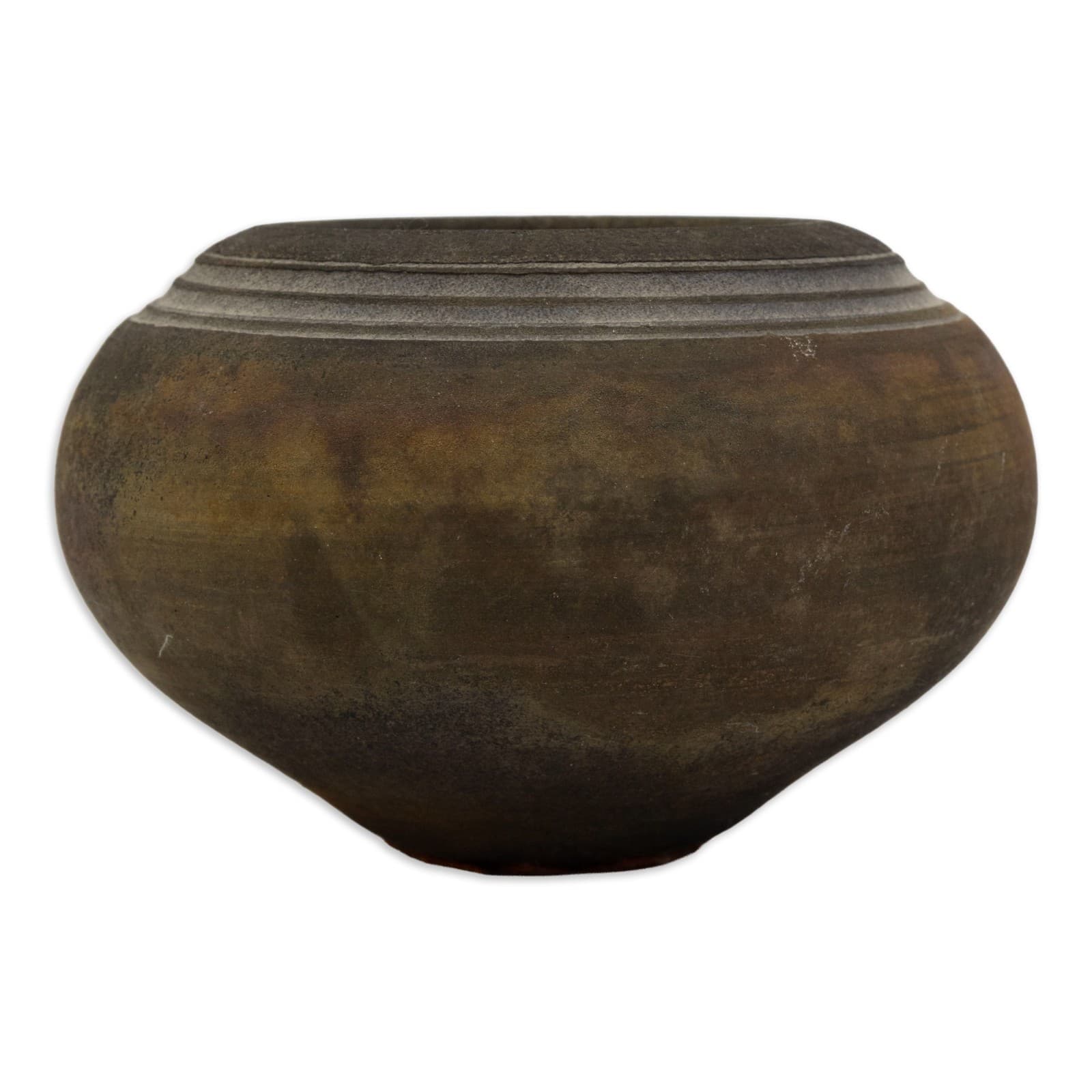 An example of 20th-century studio pottery, this vintage hand-thrown Raku vessel