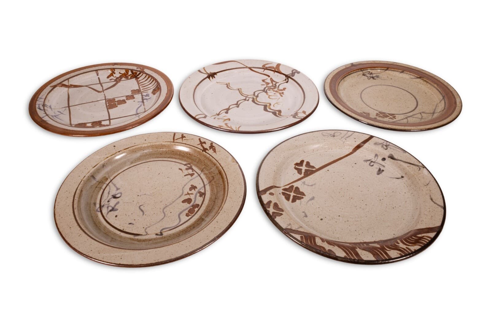 John Glick Signed Set of 5 Plates Modernist Stoneware Glazed Ceramics Plum Tree