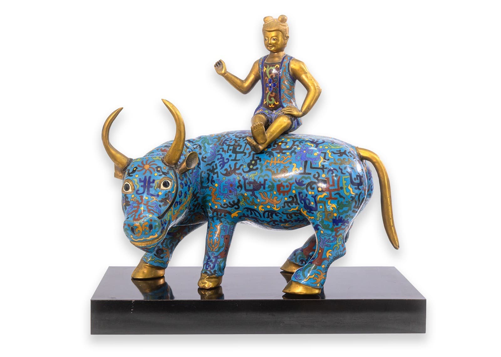 Vintage Chinese Cloisonne Bull Sculpture with Sitting Figure Asian Collectables