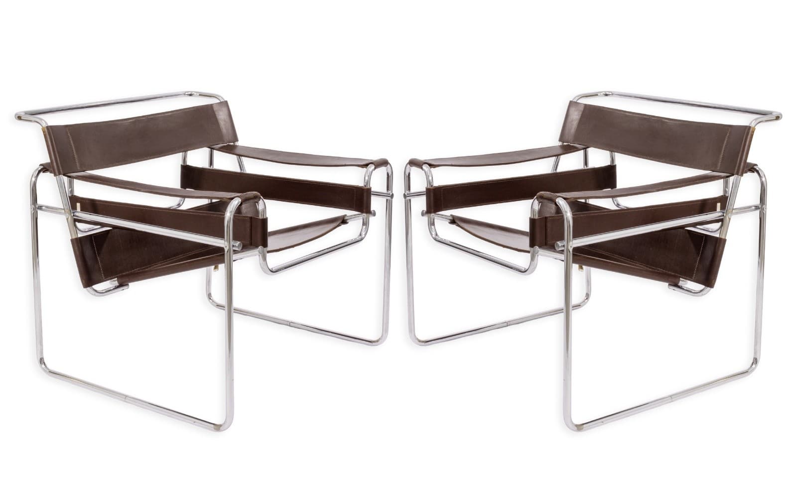 Pair of Vintage 1970s Wassily Style Chocolate Brown Leather & Chrome Arm Chairs