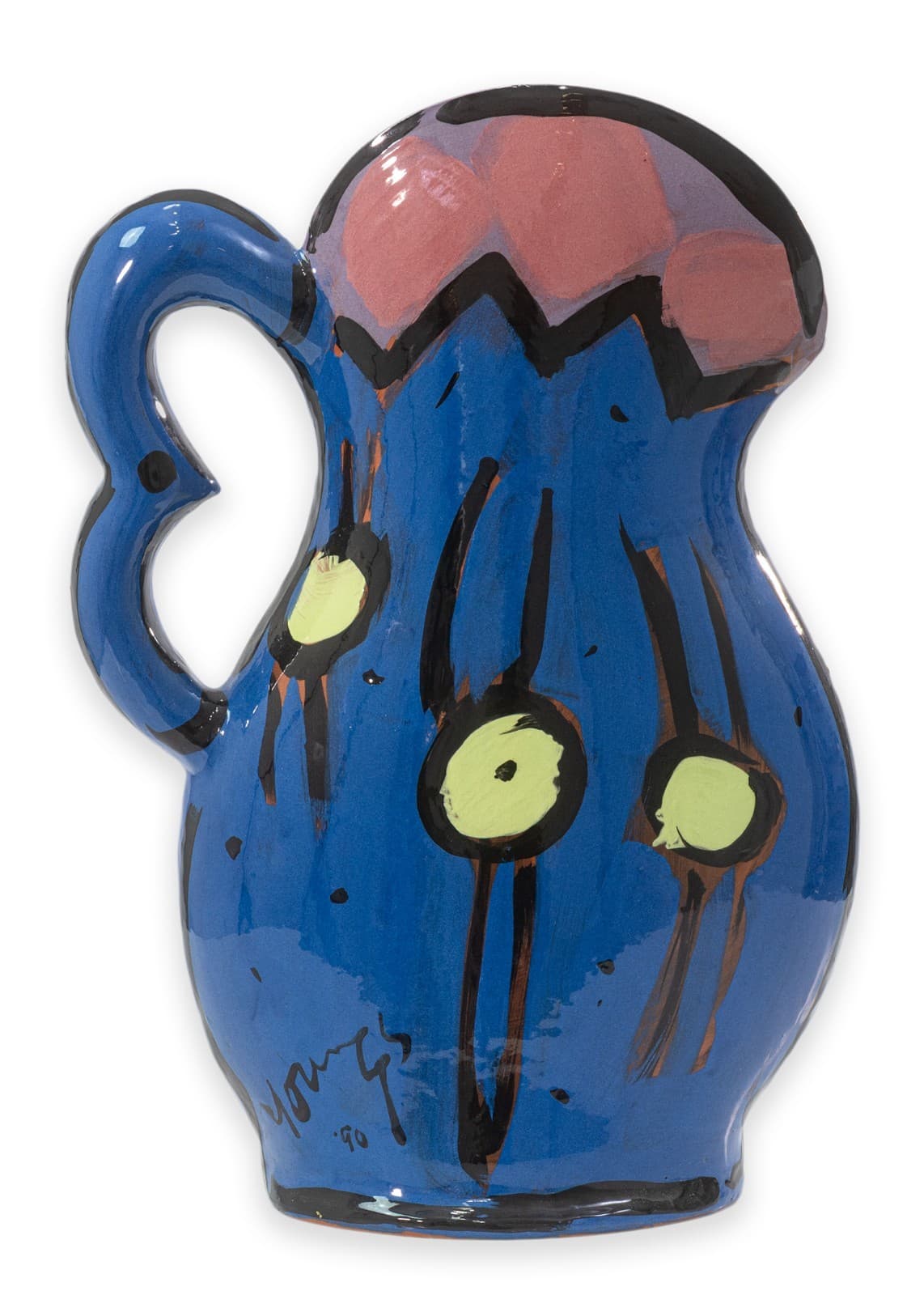 Kathryn Youngs Flat Pitcher Ceramic Vase 1990 Signed Hand Painted Art Pottery