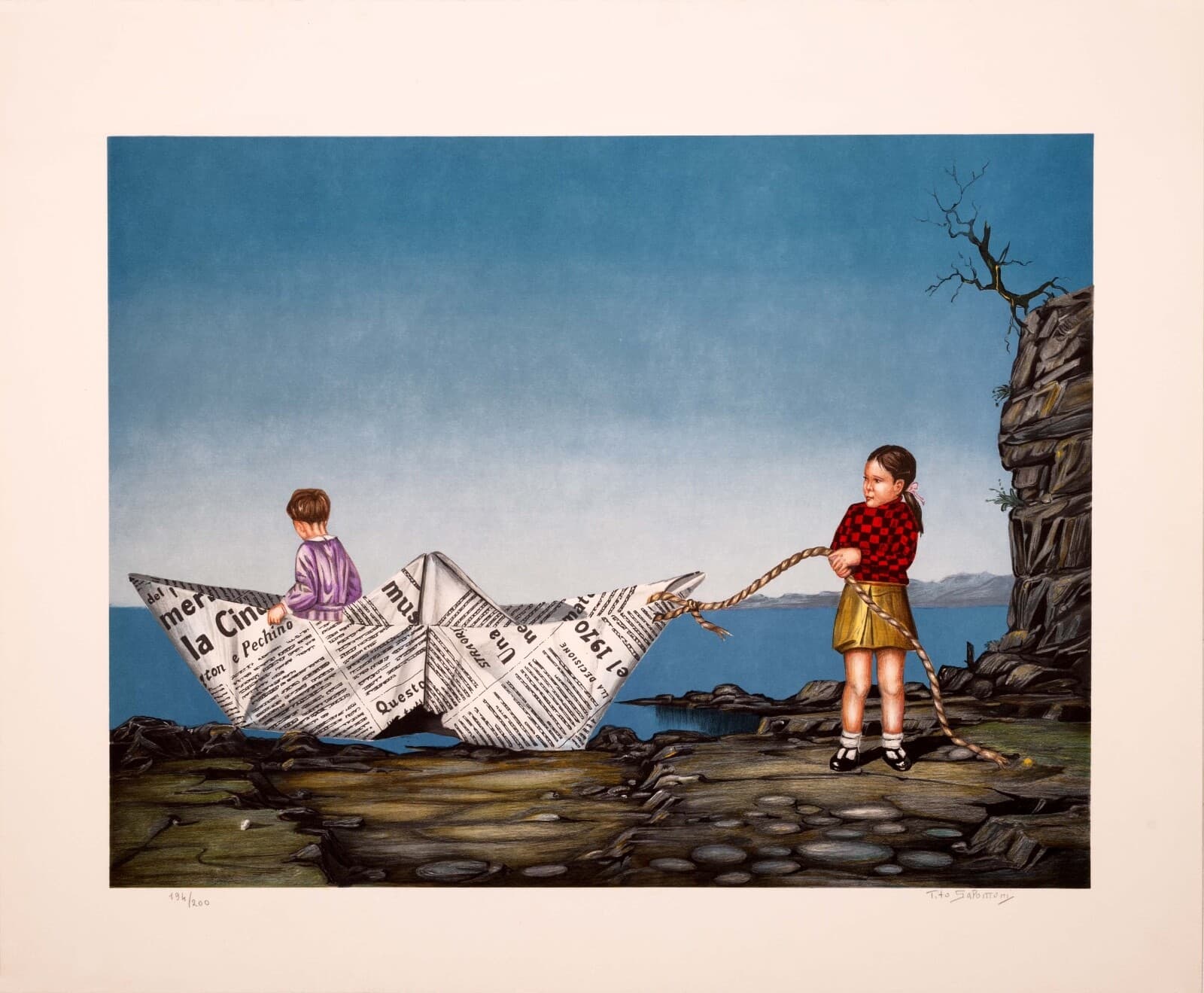 Tito Salomoni Toy Boat Signed Surreal Realism Lithograph on Paper 194/200 UF