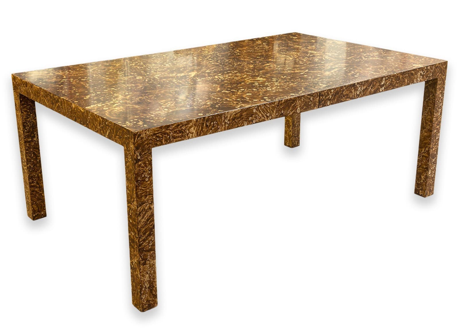 Vintage 1970s Burlwood Style Brown Laminate Parsons Dining Table with Leaves