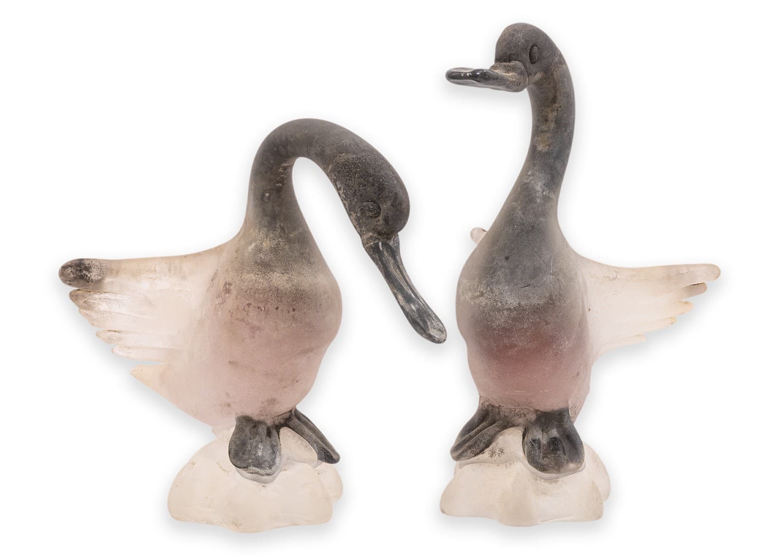 Pair of Vintage Italian Gino Cenedese Vetri Murano Frosted Glass Birds