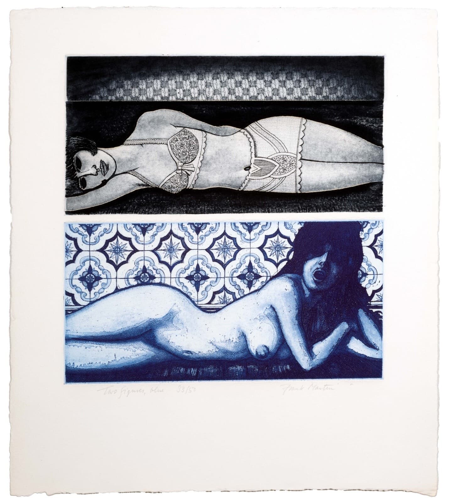Frank Martin Two Figures, Blue Signed Modern Figurative Etching on Paper 33/50