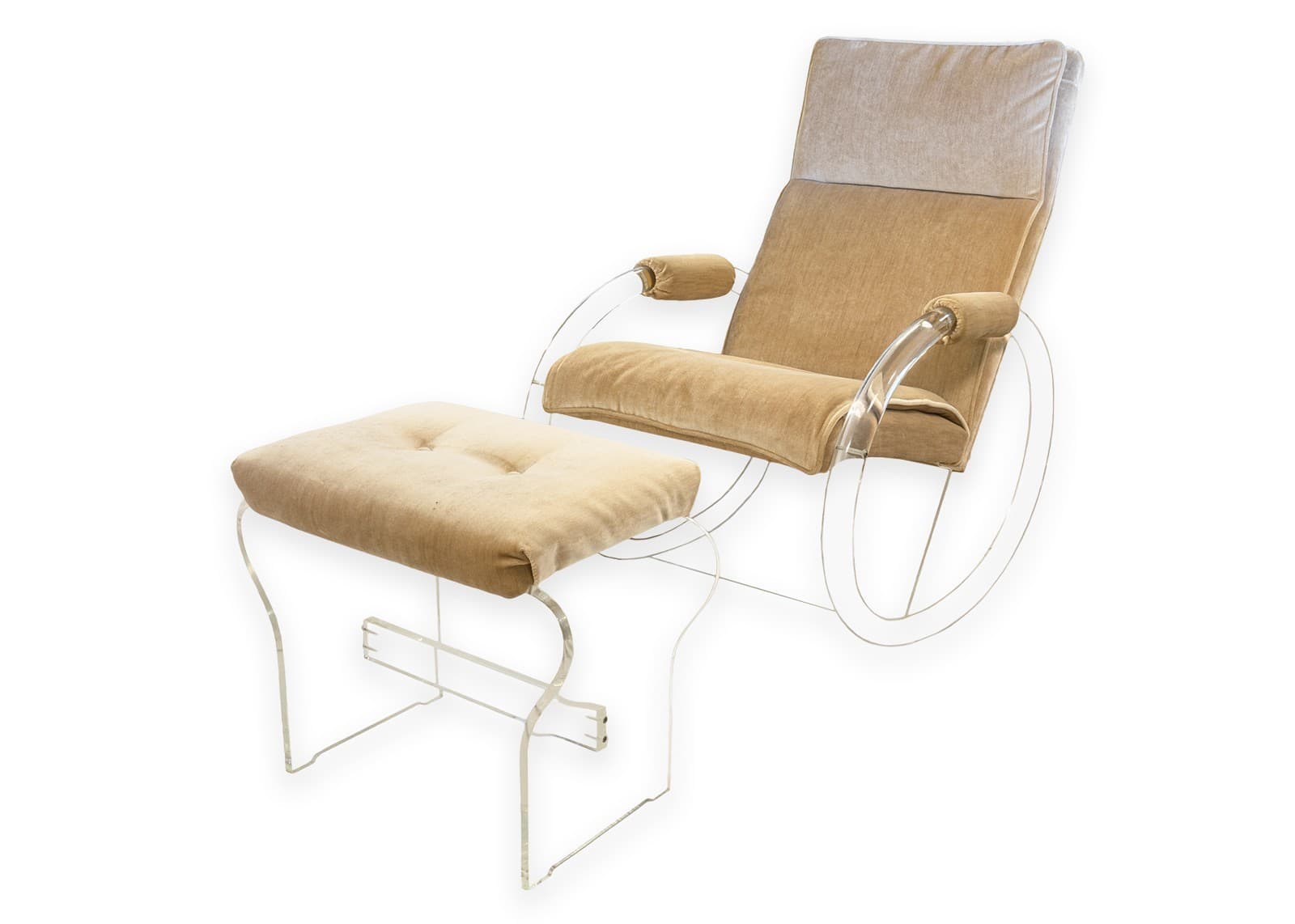 Vintage 1970s Charles Hollis Jones Velvet Lucite Rocking Chair and Ottoman